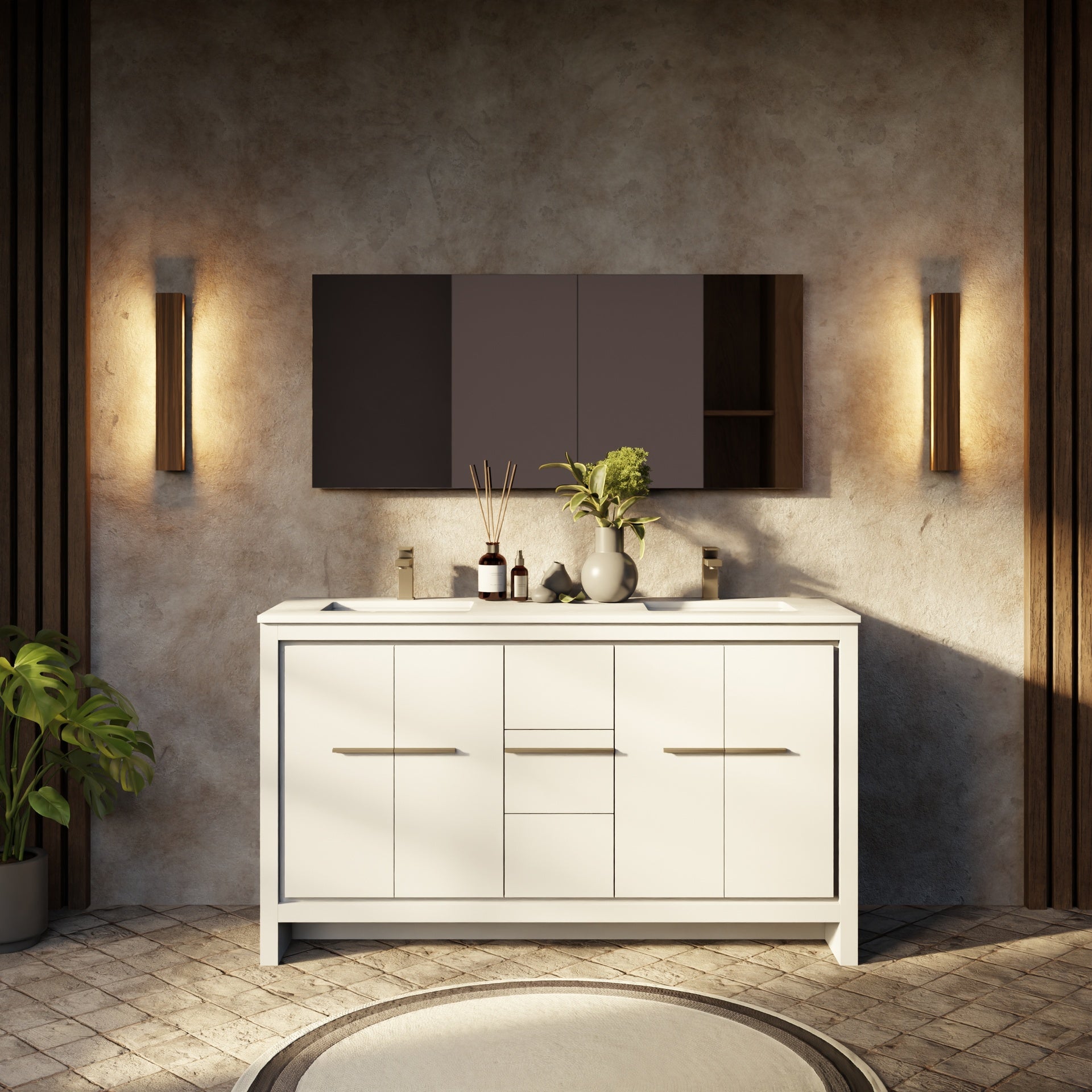 White Double Bath Vanity 60 in. W x 20 in. D, Cultured Marble Top, Gun Metal Faucet Set and 55 in. Mirror