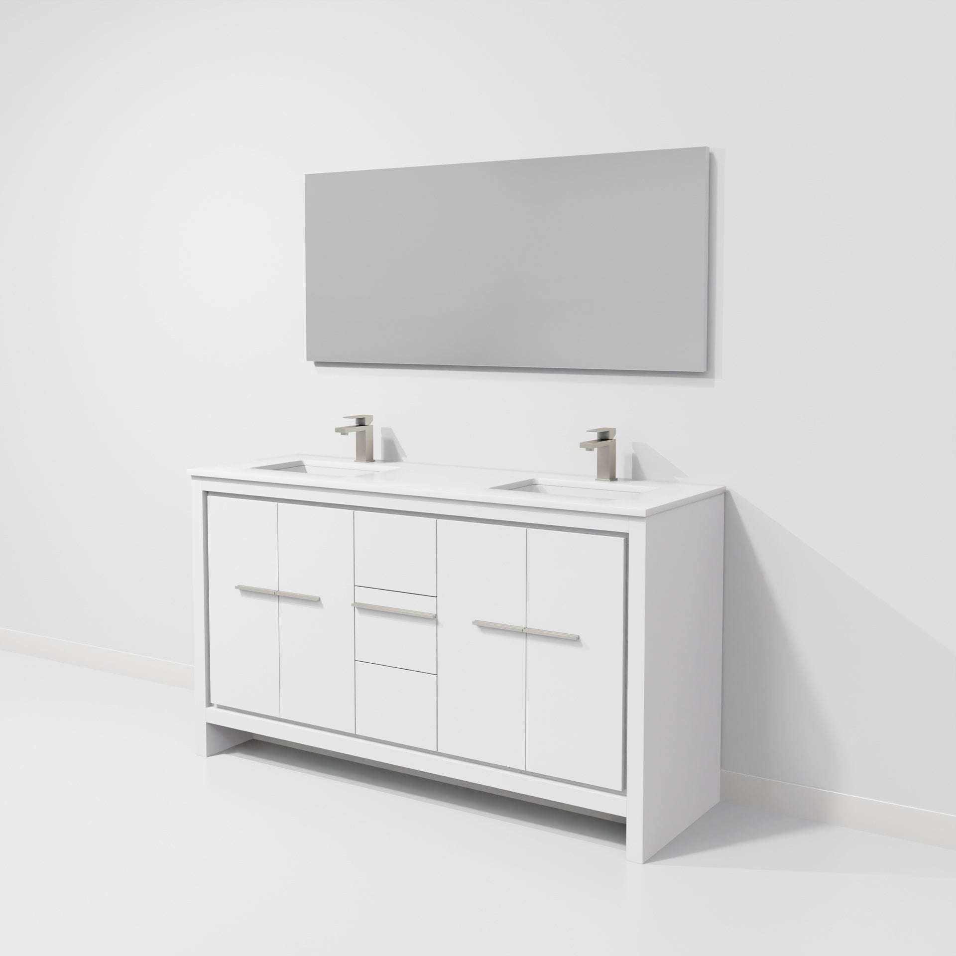 White Double Bath Vanity 60 in. W x 20 in. D, Cultured Marble Top, Gun Metal Faucet Set and 55 in. Mirror