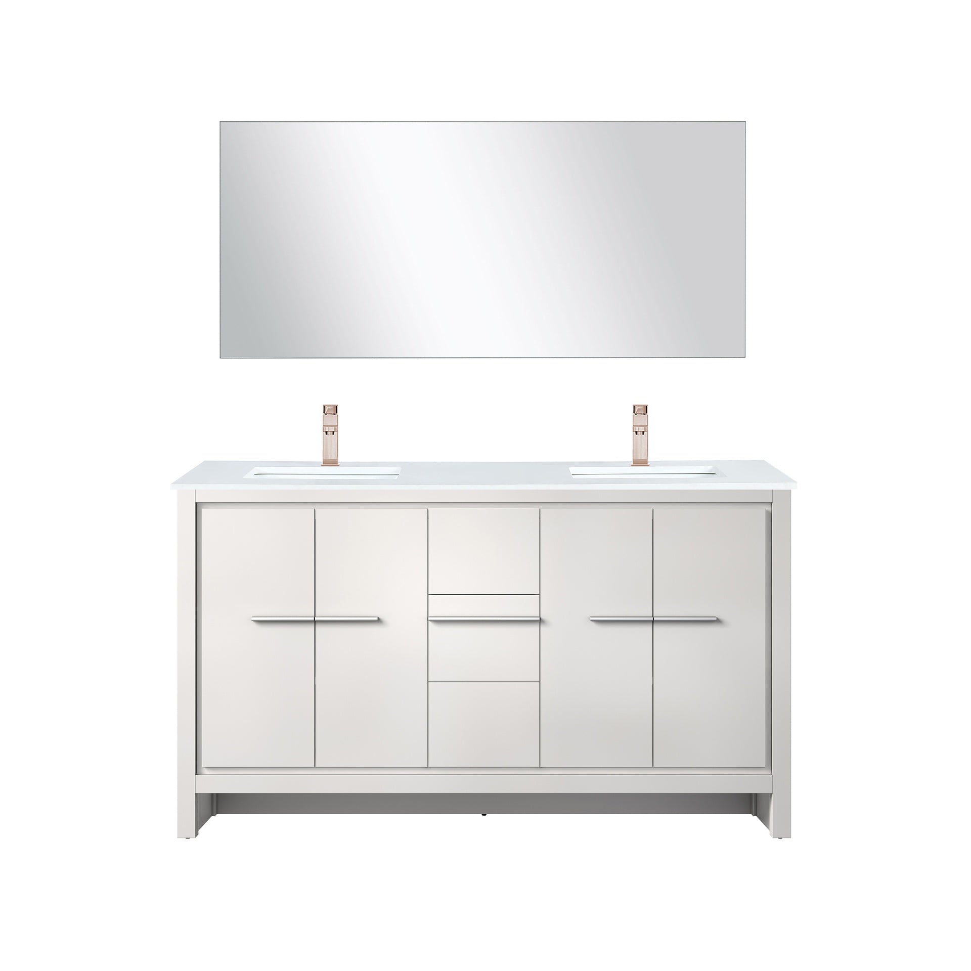 White Double Bath Vanity 60 in. W x 20 in. D, Cultured Marble Top, Rose Gold Faucet Set and 55 in. Mirror