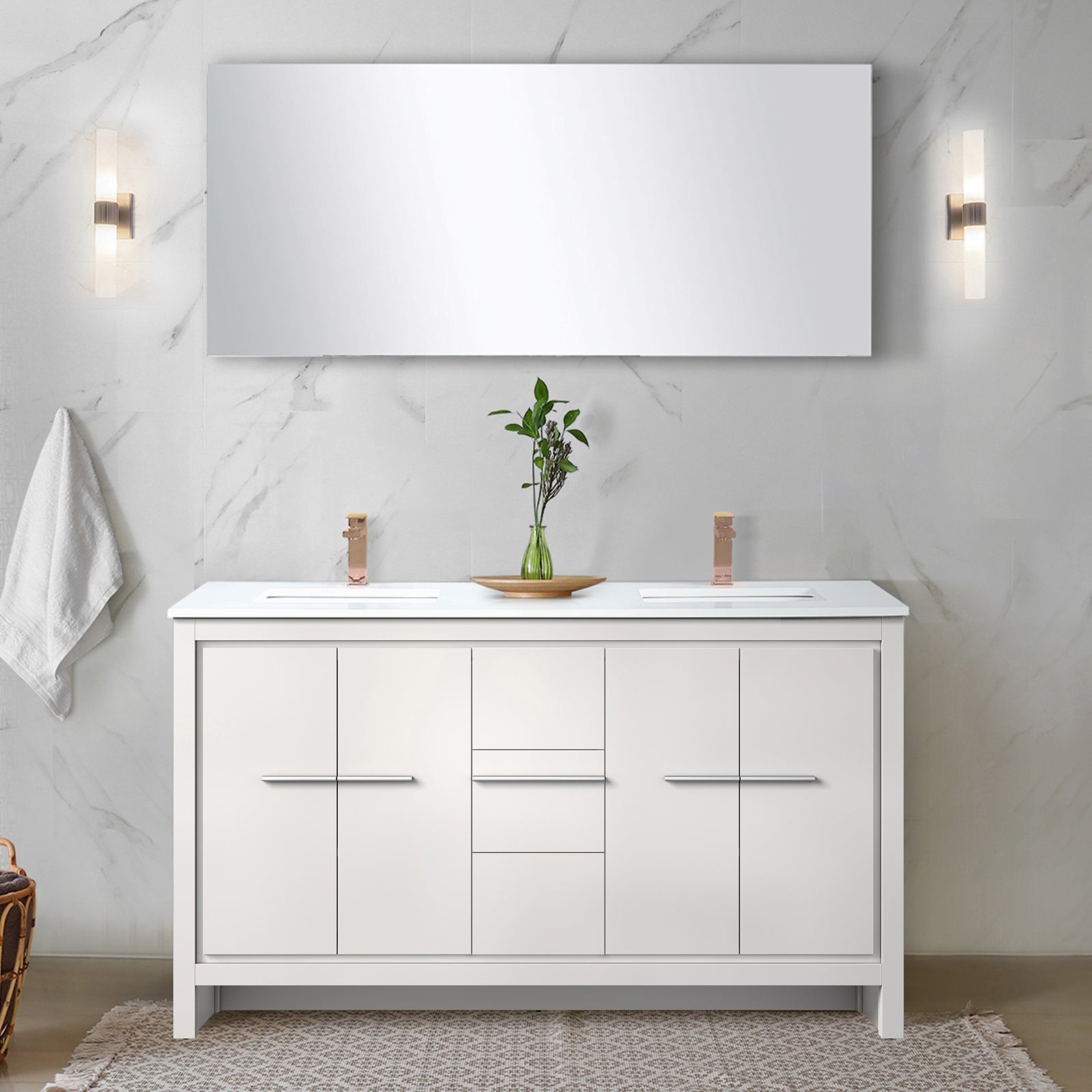 White Double Bath Vanity 60 in. W x 20 in. D, Cultured Marble Top, Rose Gold Faucet Set and 55 in. Mirror