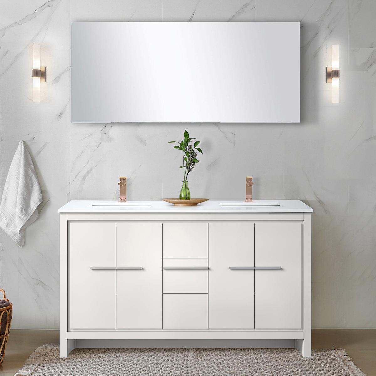 White Double Bath Vanity 60 in. W x 20 in. D, Cultured Marble Top, Rose Gold Faucet Set and 55 in. Mirror