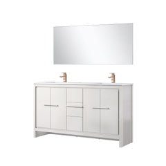 White Double Bath Vanity 60 in. W x 20 in. D, Cultured Marble Top, Rose Gold Faucet Set and 55 in. Mirror