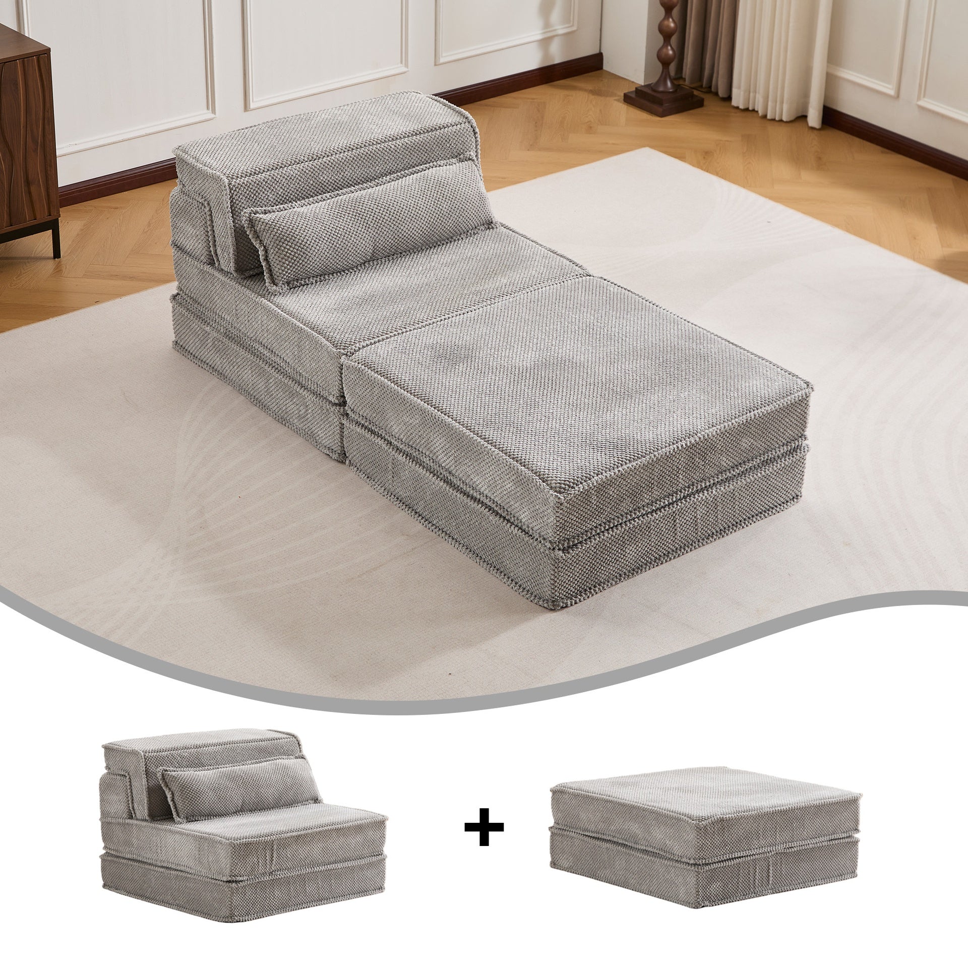 Compression Mahjong Sofa,Convertible Floor Sofa Bed,DIY Boneless Modular Sectional Sofa,No Assembly Required,Circle fleece fabric,Oversized Single Seater with 1 Pillow and 1 Ottoman,Light-grey