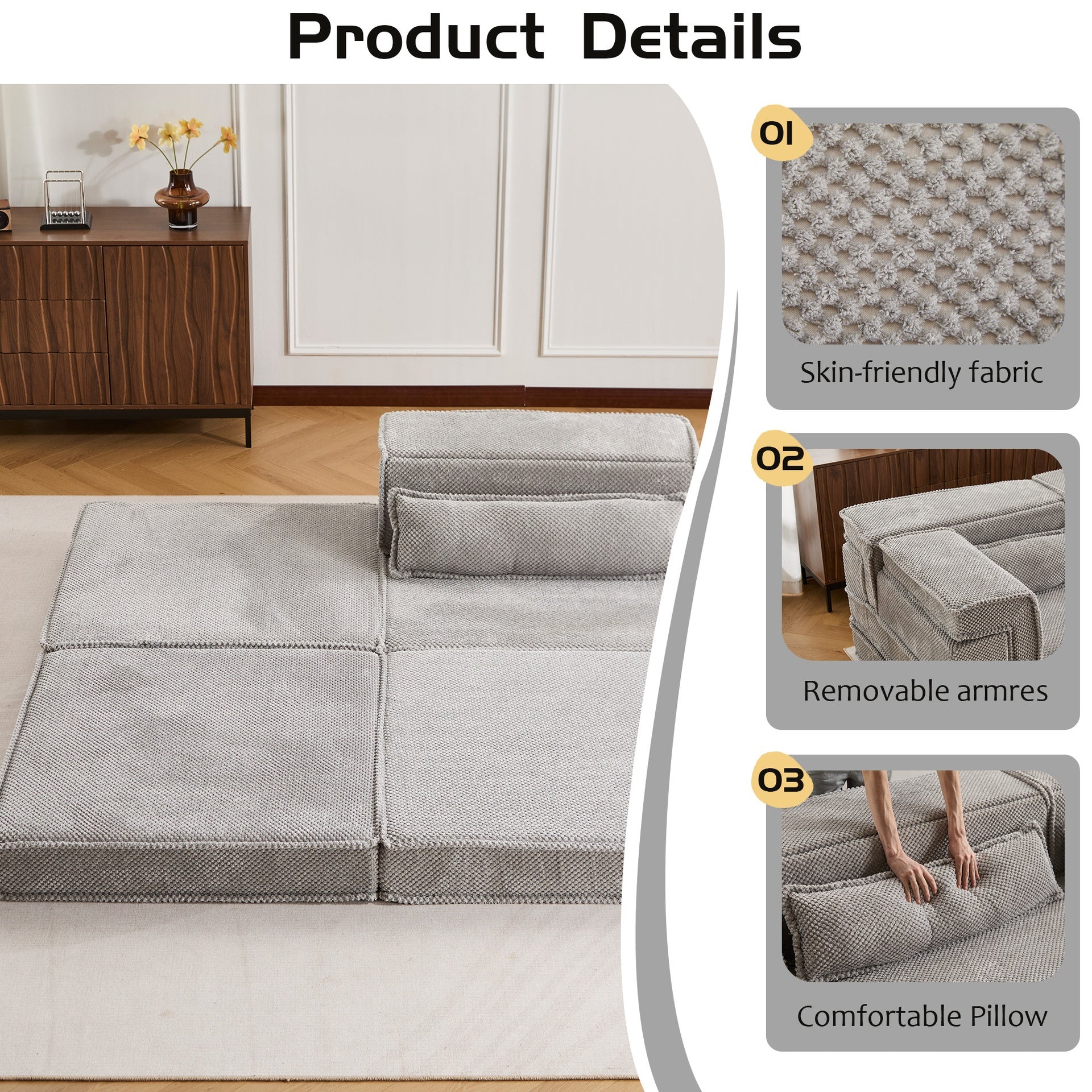 Compression Mahjong Sofa,Convertible Floor Sofa Bed,DIY Boneless Modular Sectional Sofa,No Assembly Required,Circle fleece fabric,Oversized Single Seater with 1 Pillow and 1 Ottoman,Light-grey