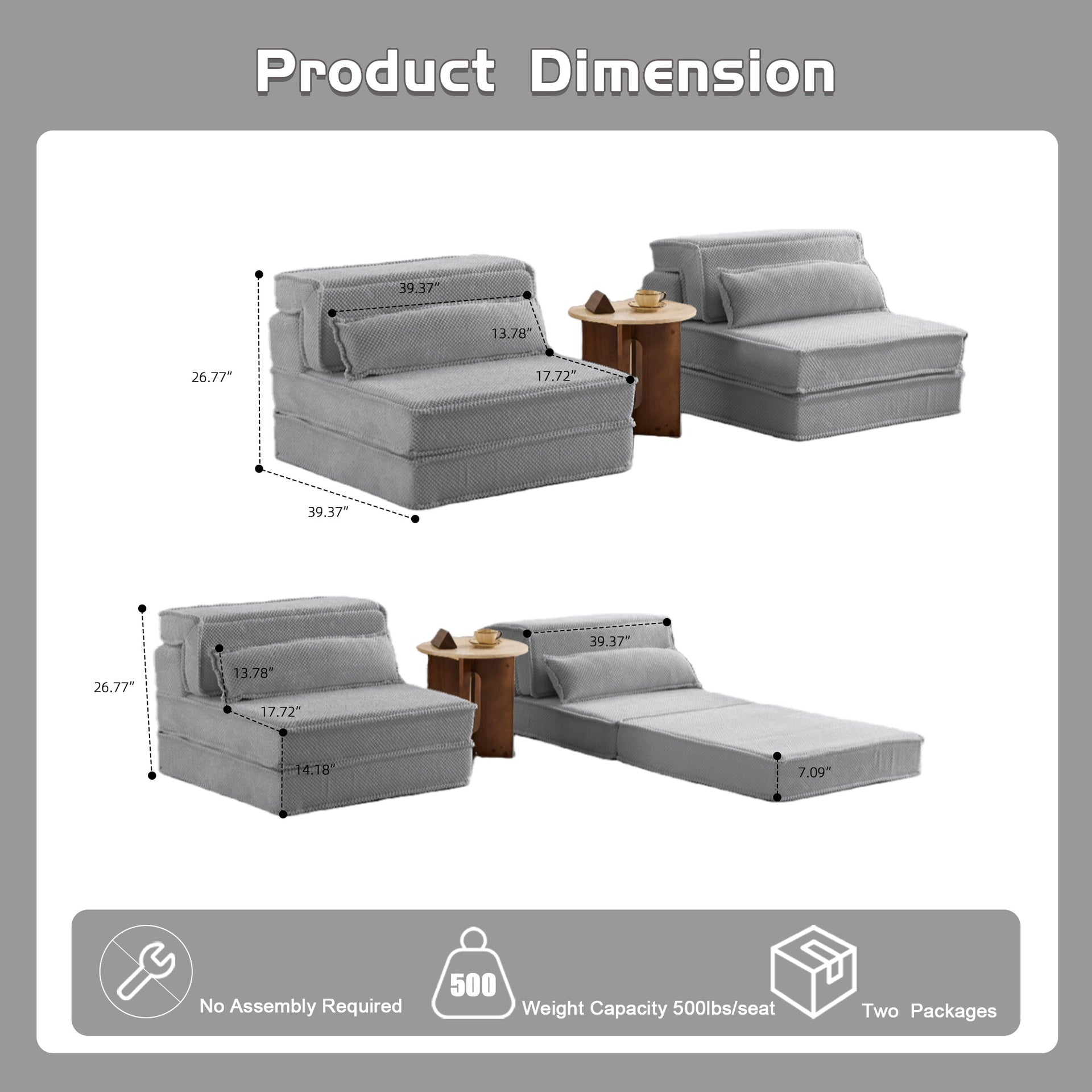 Compression Mahjong Sofa,Convertible Floor Sofa Bed,DIY Boneless Modular Sectional Sofa,No Assembly Required,Circle fleece fabric,Oversized 2 Seater with 2 Pillows,Light-grey