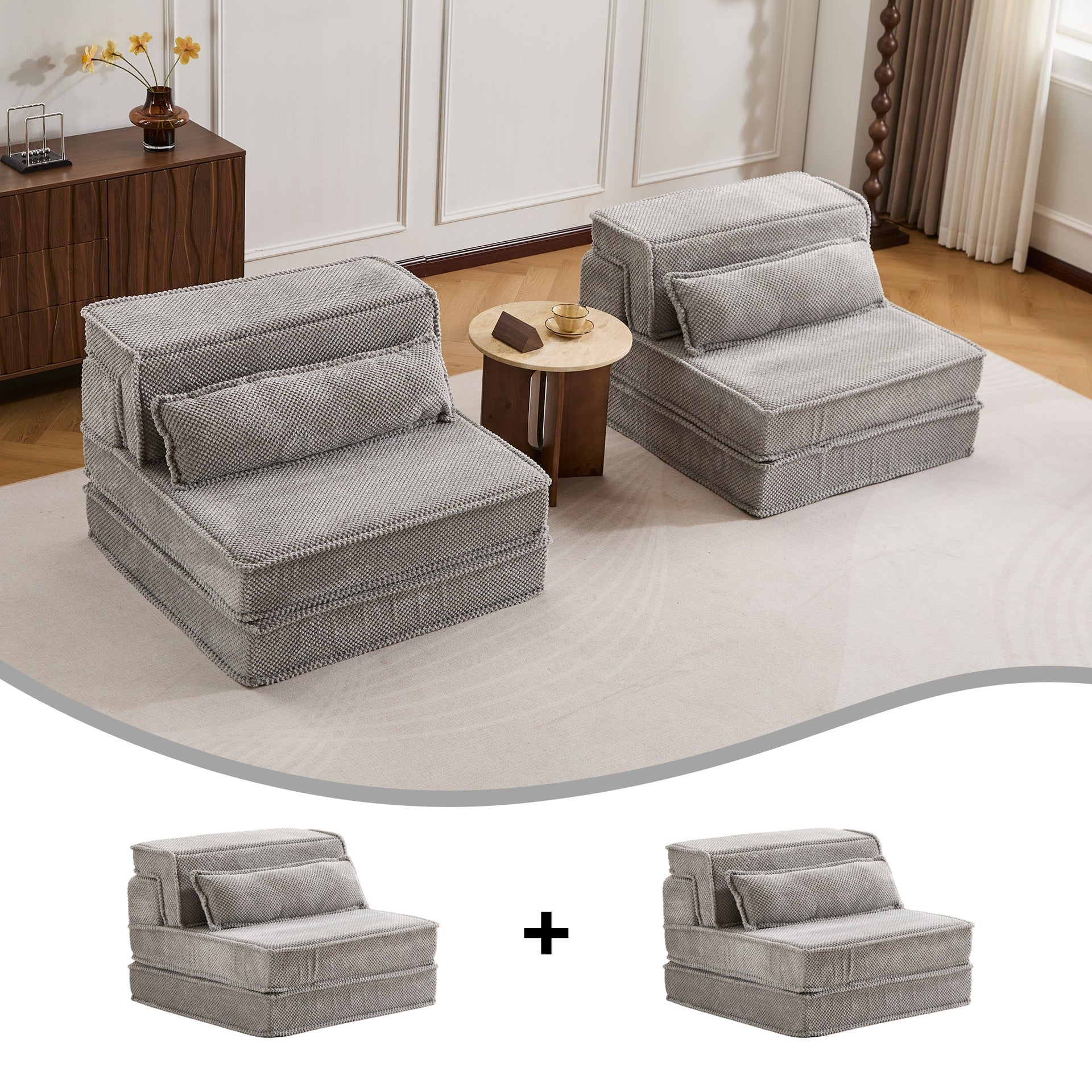 Compression Mahjong Sofa,Convertible Floor Sofa Bed,DIY Boneless Modular Sectional Sofa,No Assembly Required,Circle fleece fabric,Oversized 2 Seater with 2 Pillows,Light-grey