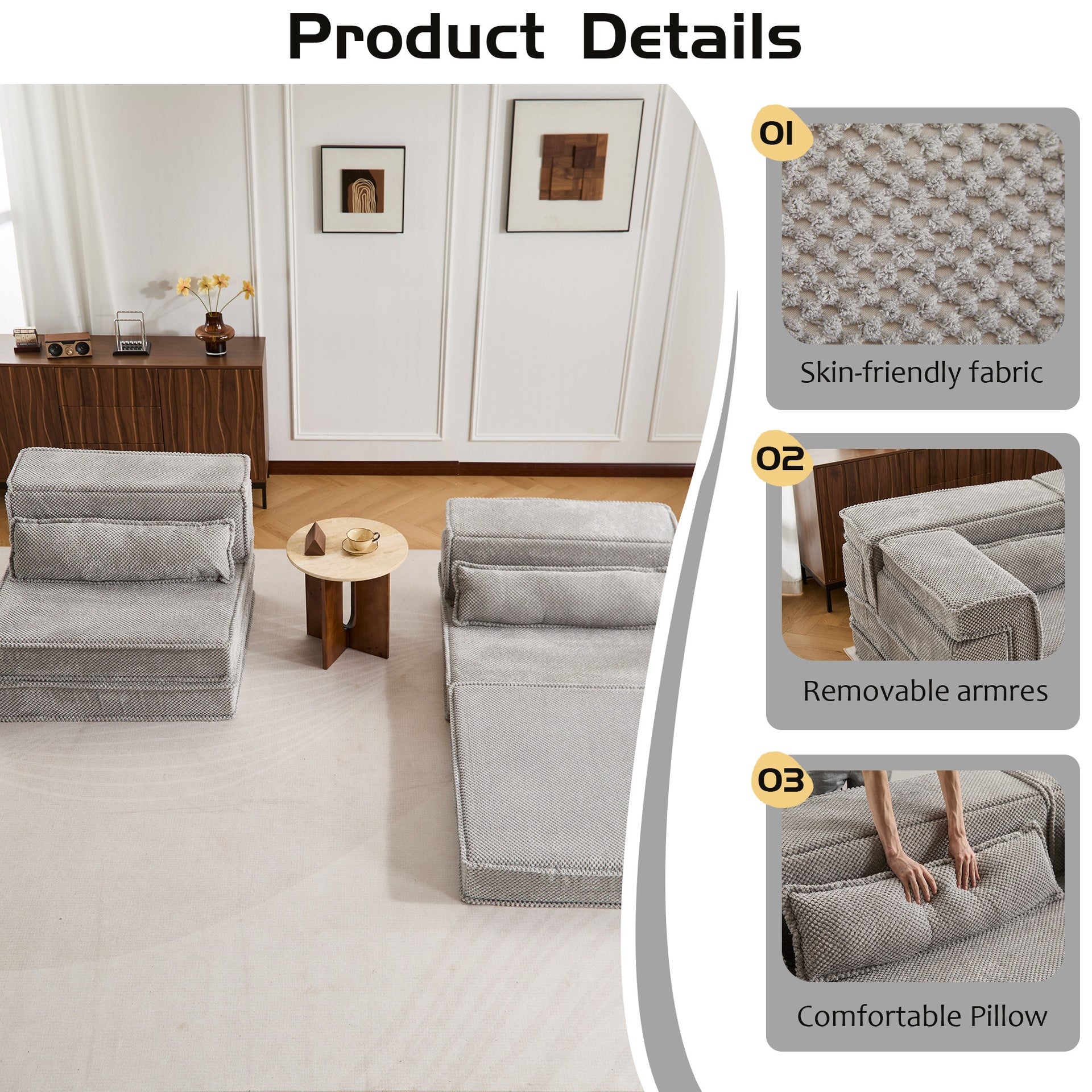 Compression Mahjong Sofa,Convertible Floor Sofa Bed,DIY Boneless Modular Sectional Sofa,No Assembly Required,Circle fleece fabric,Oversized 2 Seater with 2 Pillows,Light-grey