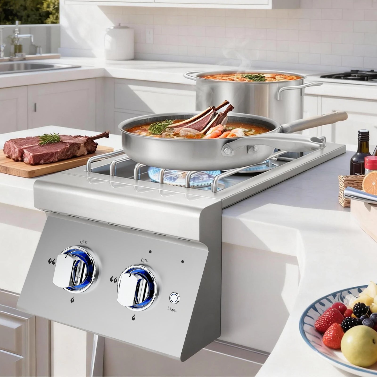 Double Grilling Side Burners, 2 x 17,000BTU Liquid Propane Side Burner for Outdoor Kitchen, Convertible to Natural Gas, 304 Stainless Steel Built-in Double Burners with LED for BBQ Grill Island