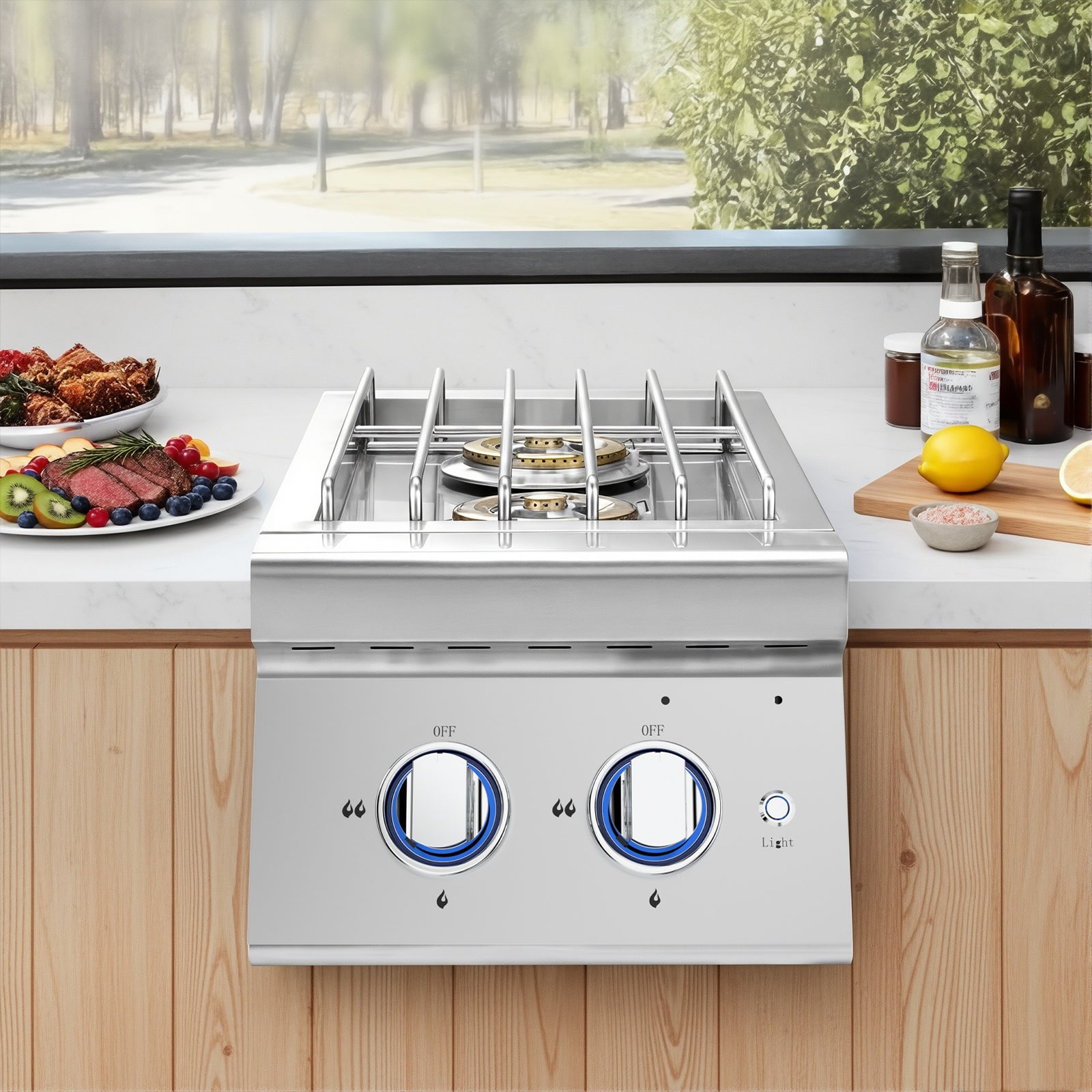Double Grilling Side Burners, 2 x 17,000BTU Liquid Propane Side Burner for Outdoor Kitchen, Convertible to Natural Gas, 304 Stainless Steel Built-in Double Burners with LED for BBQ Grill Island