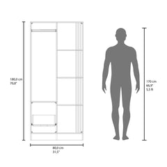 Vance Armoire with One Door for Interior Storage with Hanging Rod, 4 Open Shelves and, One Drawer, Freestanding Wardrobe