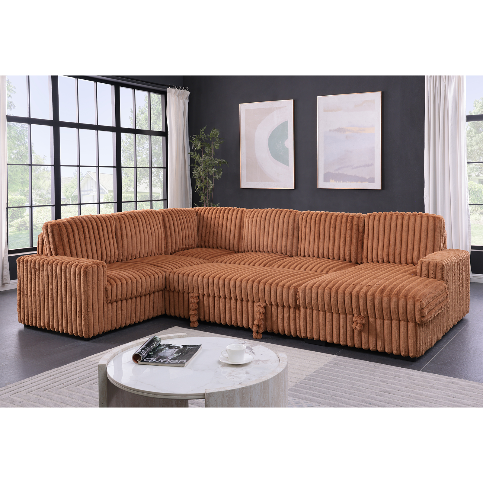 122 Inch Pull Out Couch, Rabbit plush Fabric Sofa Bed Ports & Comfy Upholstered, Oversized U Shape Sectional Sleeper Sofa Bed with Storage Chaise,Orange