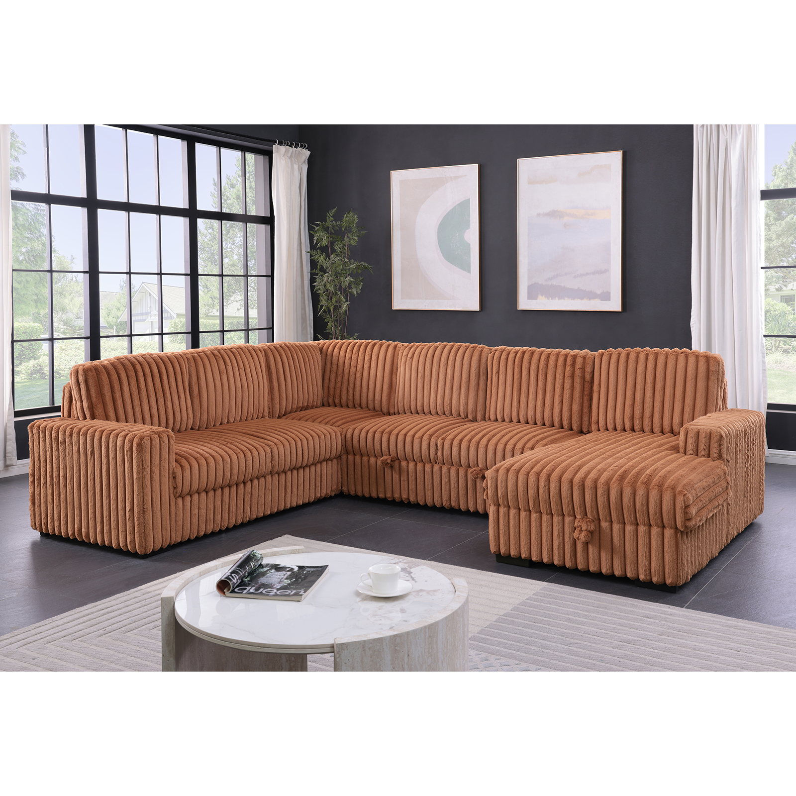 122 Inch Pull Out Couch, Rabbit plush Fabric Sofa Bed Ports & Comfy Upholstered, Oversized U Shape Sectional Sleeper Sofa Bed with Storage Chaise,Orange