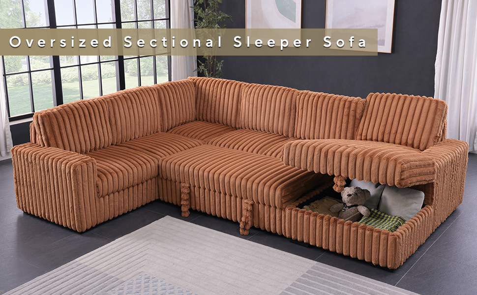 122 Inch Pull Out Couch, Rabbit plush Fabric Sofa Bed Ports & Comfy Upholstered, Oversized U Shape Sectional Sleeper Sofa Bed with Storage Chaise,Orange