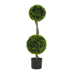 34" Artificial Topiary Boxwood Tree Double Ball with Black Plastic Pot, Set of 2