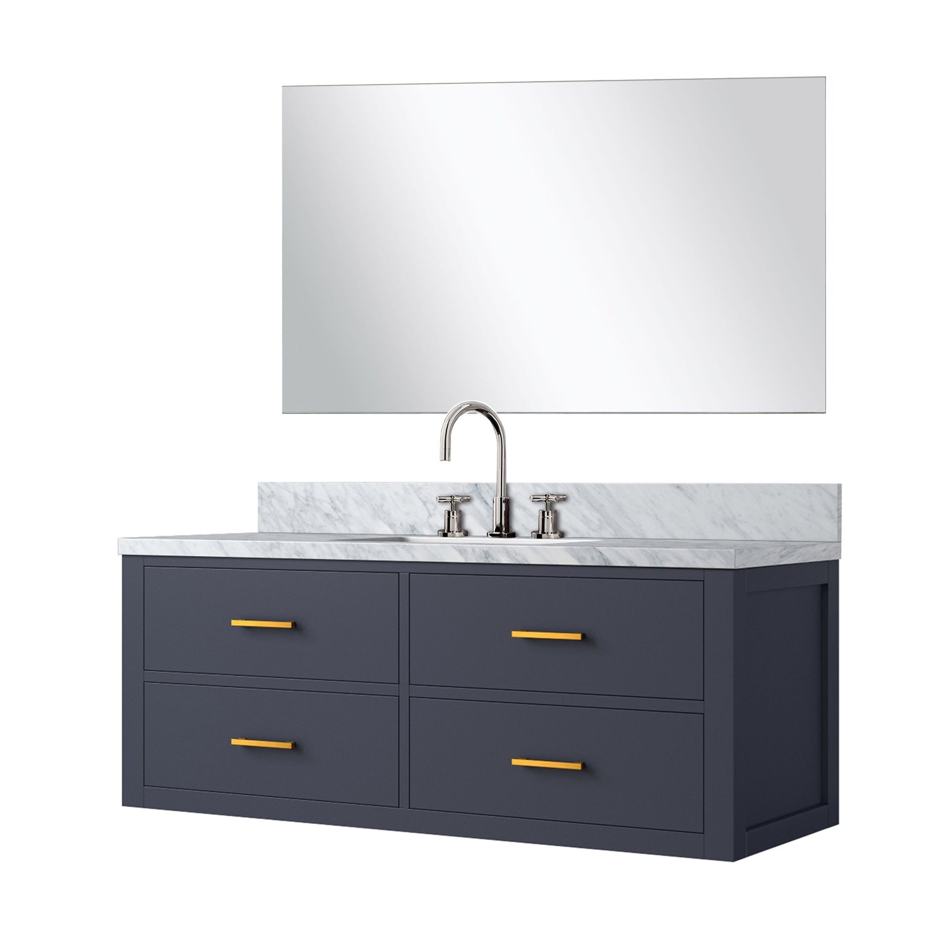 Blue Single Bath Vanity 48 in. W x 22 in. D, Carrara Marble Countertop, 43 in. Mirror and Faucet Set