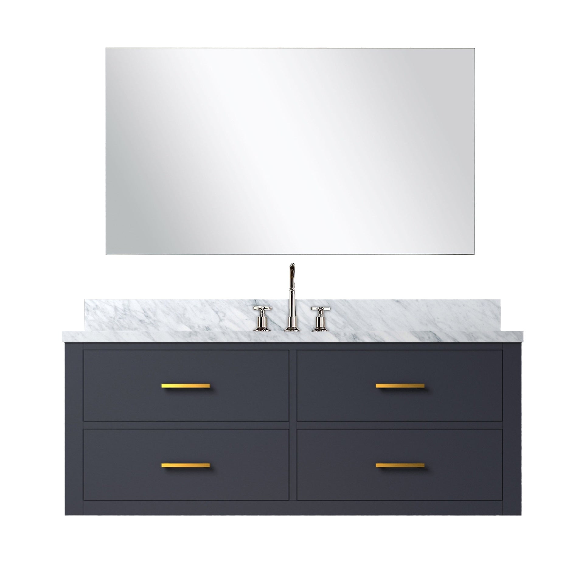 Blue Single Bath Vanity 48 in. W x 22 in. D, Carrara Marble Countertop, 43 in. Mirror and Faucet Set