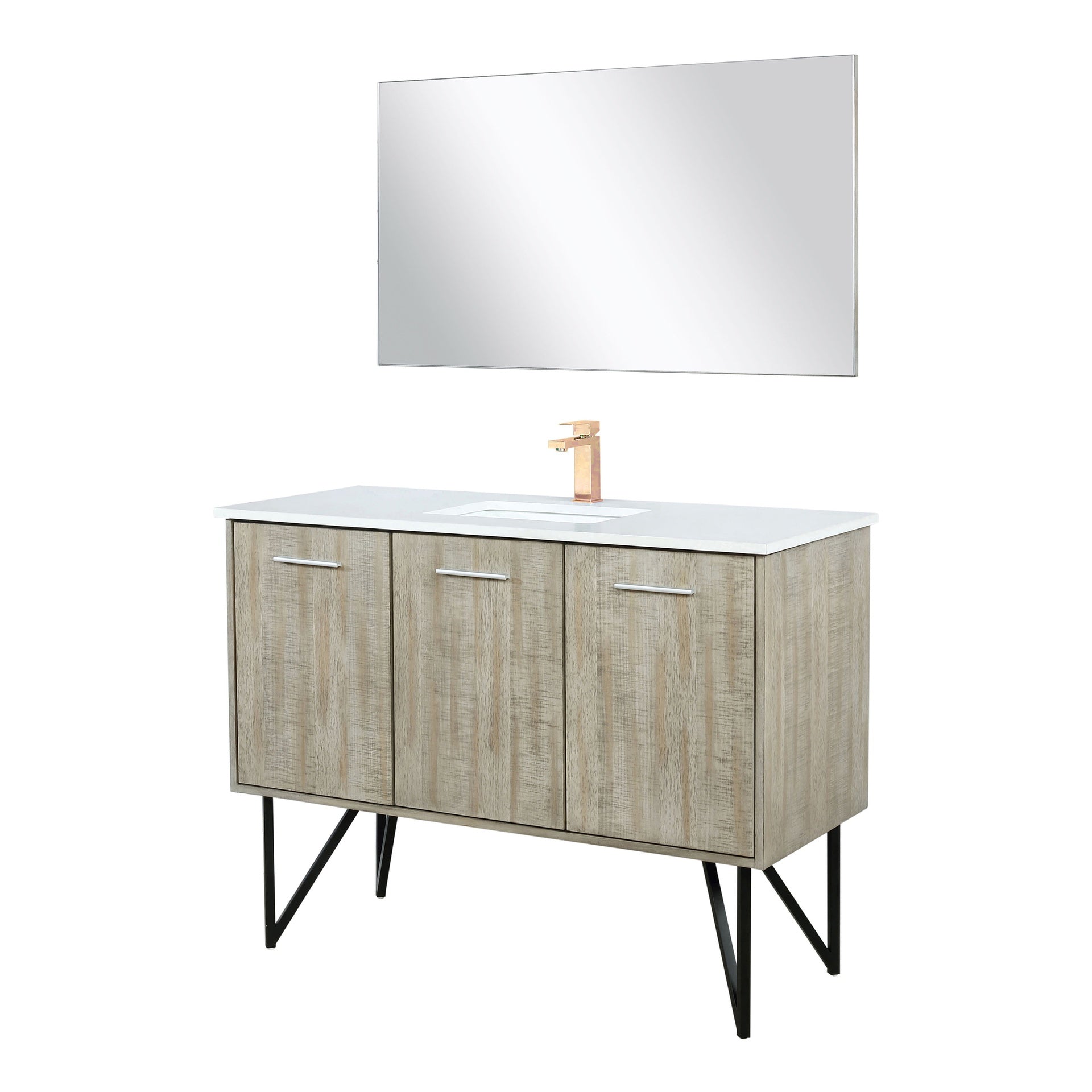 Rustic Acacia Bath Vanity 48 in. W x 20 in. D, White Quartz Top, Rose Gold Faucet Set and 43 in. Mirror