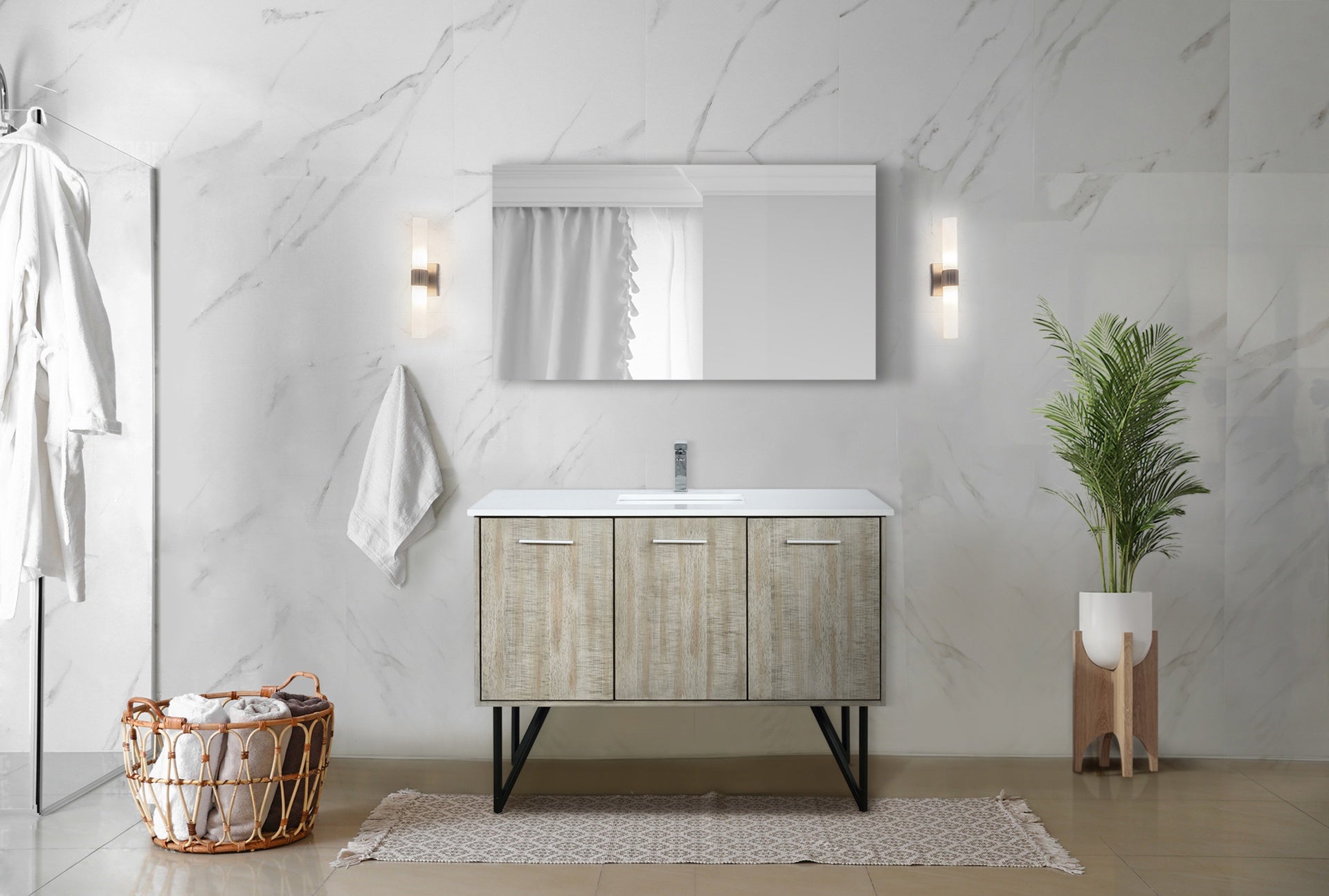Rustic Acacia Bath Vanity 48 in. W x 20 in. D, White Quartz Top, Chrome Faucet Set and 43 in. Mirror