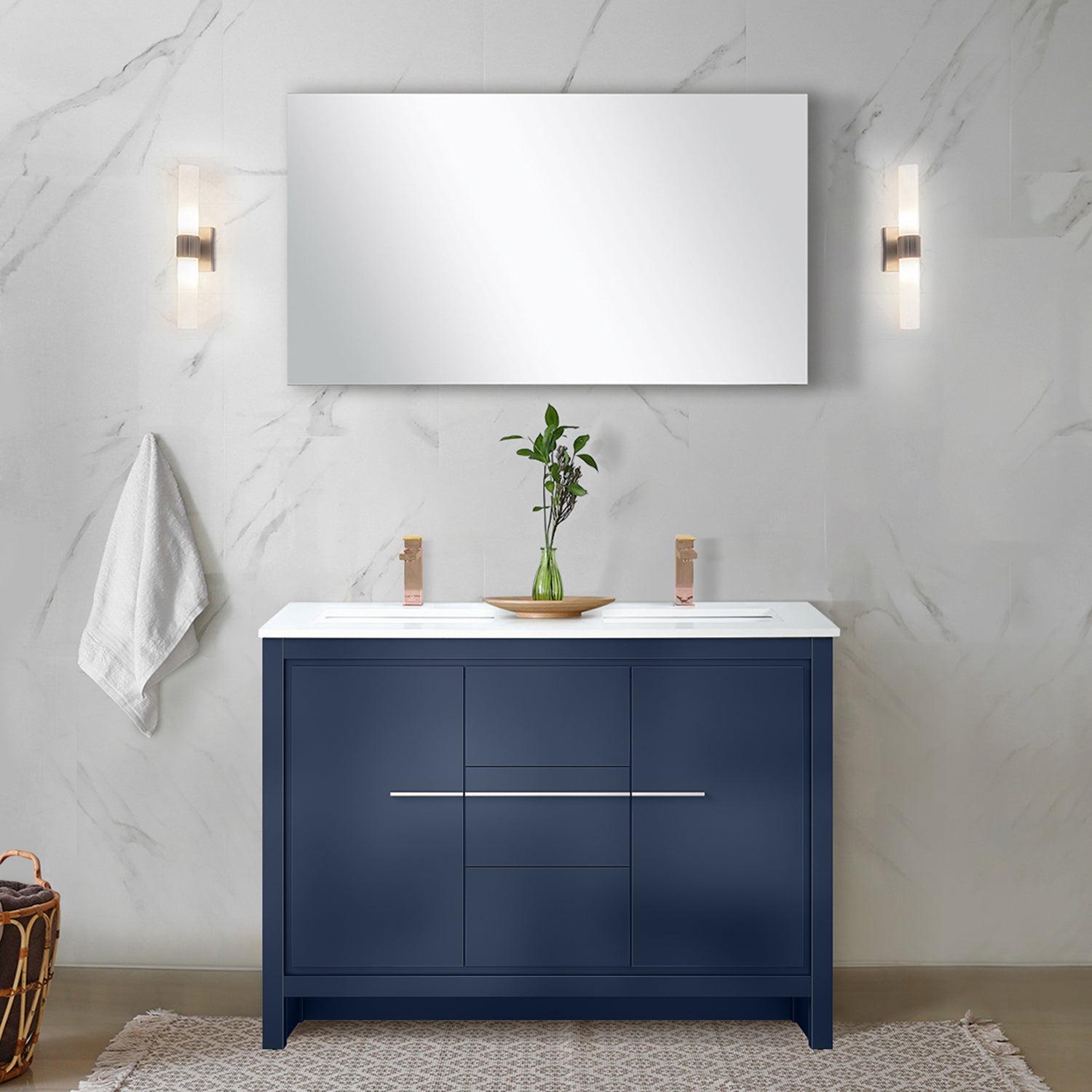 Navy Blue Double Bath Vanity 48 in. W x 20 in. D, Cultured Marble Top, Rose Gold Faucet Set and 43 in. Mirror