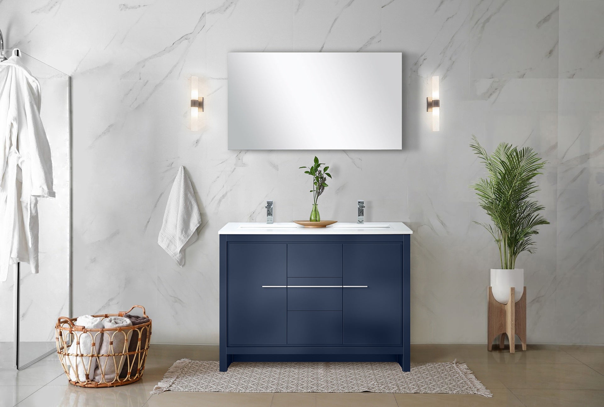 Navy Blue Double Bath Vanity 48 in. W x 20 in. D, White Quartz Top, Chrome Faucet Set and 43 in. Mirror
