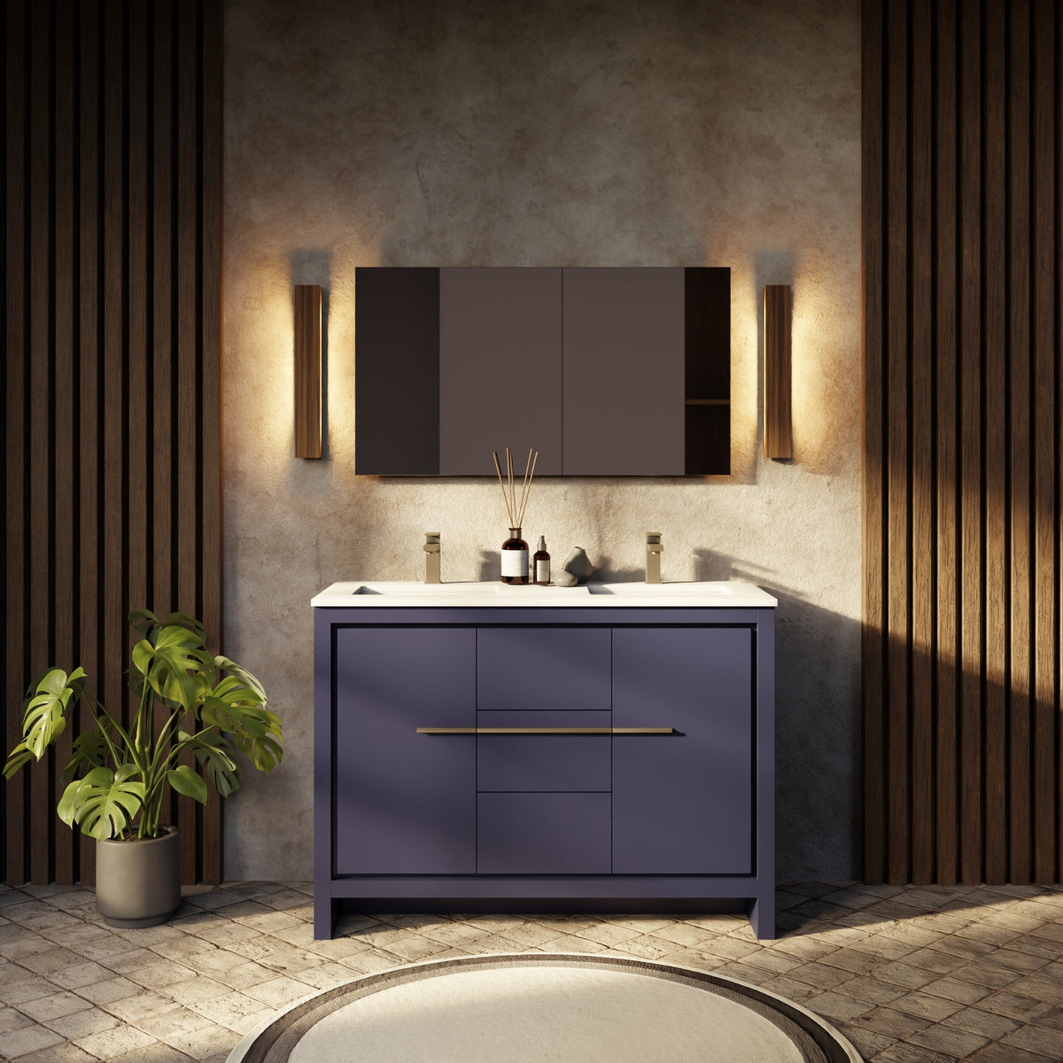 Navy Blue Double Bath Vanity 48 in. W x 20 in. D, Cultured Marble Top and 43 in. Mirror
