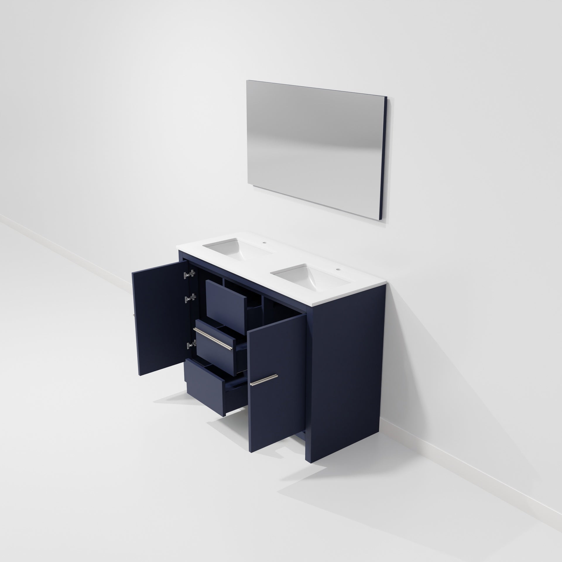 Navy Blue Double Bath Vanity 48 in. W x 20 in. D, Cultured Marble Top and 43 in. Mirror