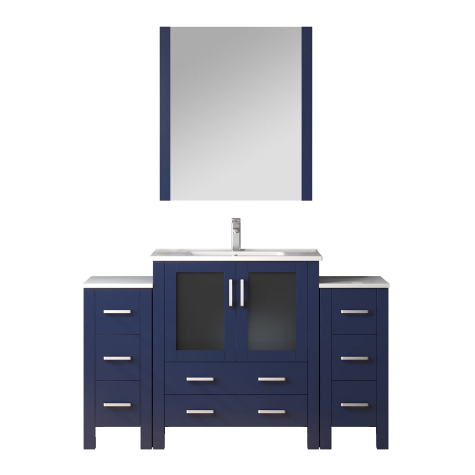 Navy Blue Single Bath Vanity 54 in. W x 18.25 in. D, with Side Cabinets, White Ceramic Top, Faucet Set, and 28 in. Mirror