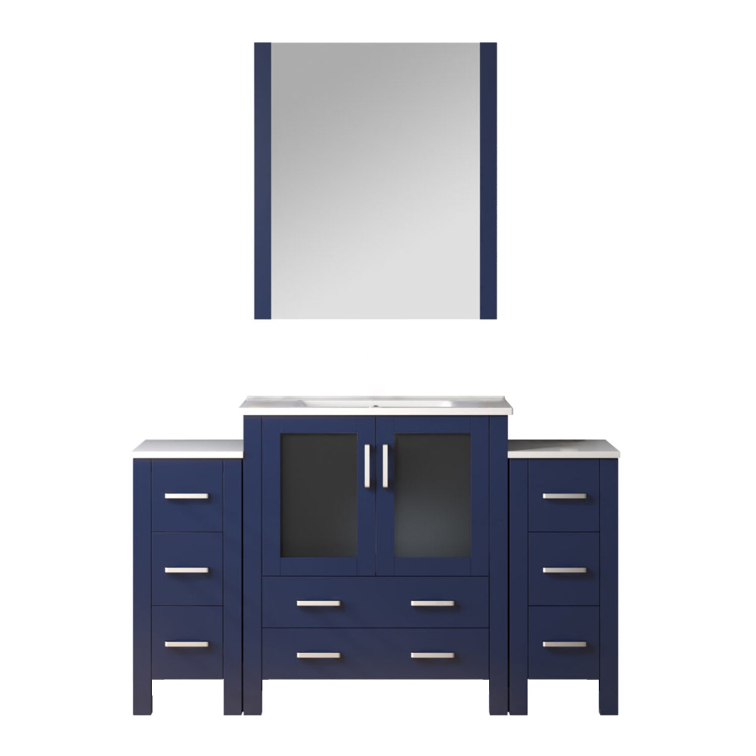 Navy Blue Bath Vanity 54 in. W x 18.25 in. D, with Side Cabinets, White Ceramic Top, and 28 in. Mirror