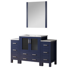 Navy Blue Bath Vanity 54 in. W x 18.25 in. D, with Side Cabinets, White Ceramic Top, and 28 in. Mirror