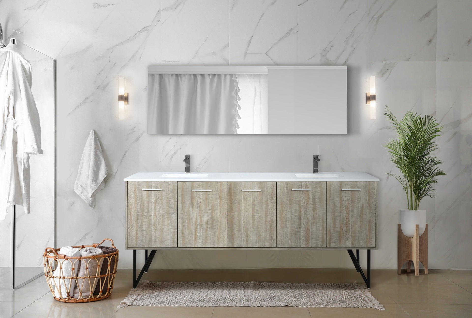 Rustic Acacia Double Bath Vanity 80 in. W x 20 in. D, White Quartz Top and Gun Metal Faucet Set