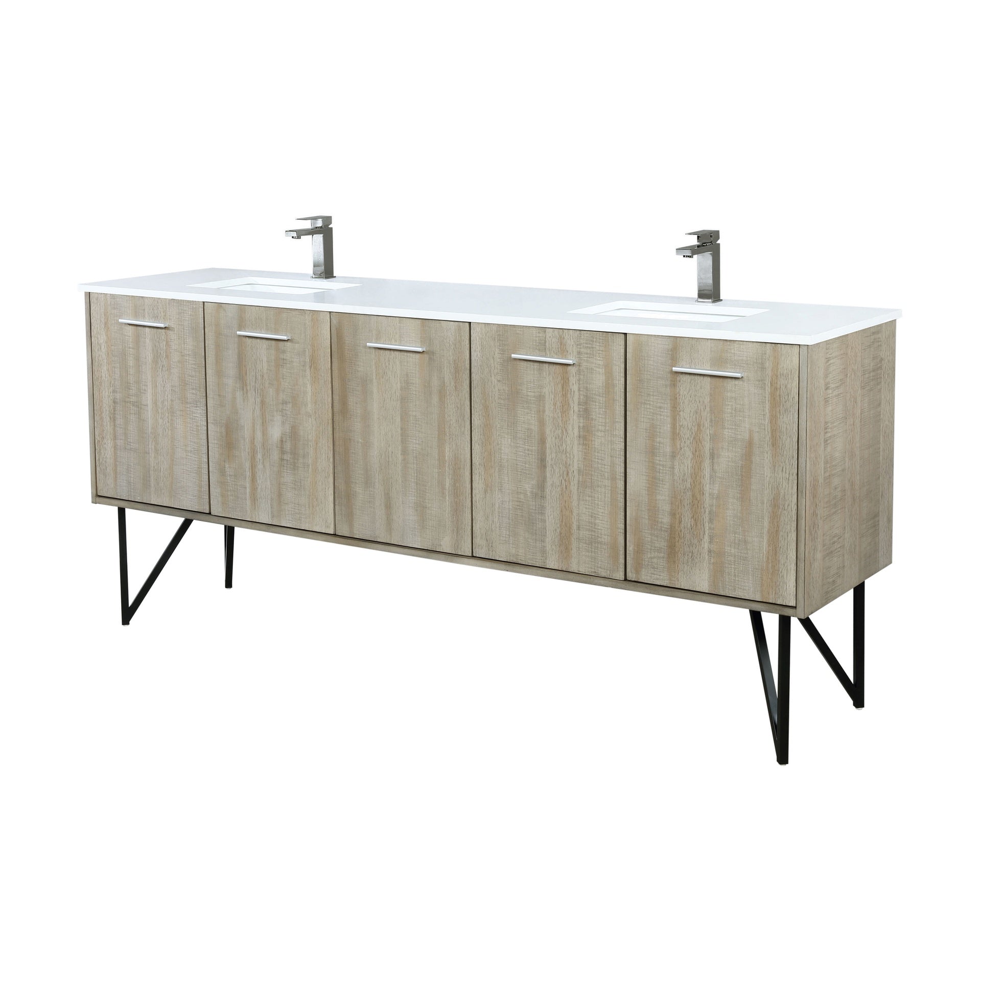 Rustic Acacia Double Bath Vanity 80 in. W x 20 in. D, White Quartz Top and Gun Metal Faucet Set