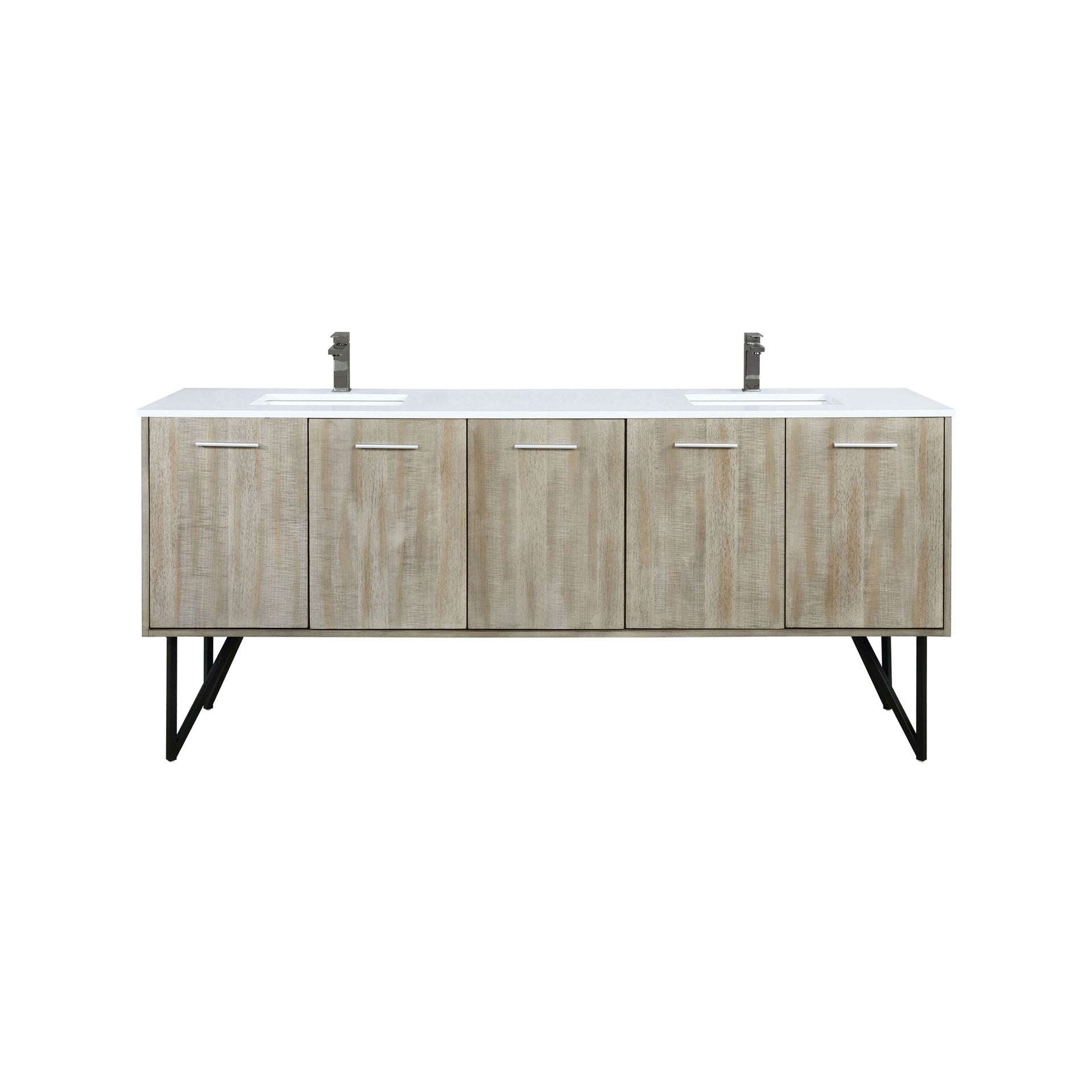Rustic Acacia Double Bath Vanity 80 in. W x 20 in. D, White Quartz Top and Gun Metal Faucet Set
