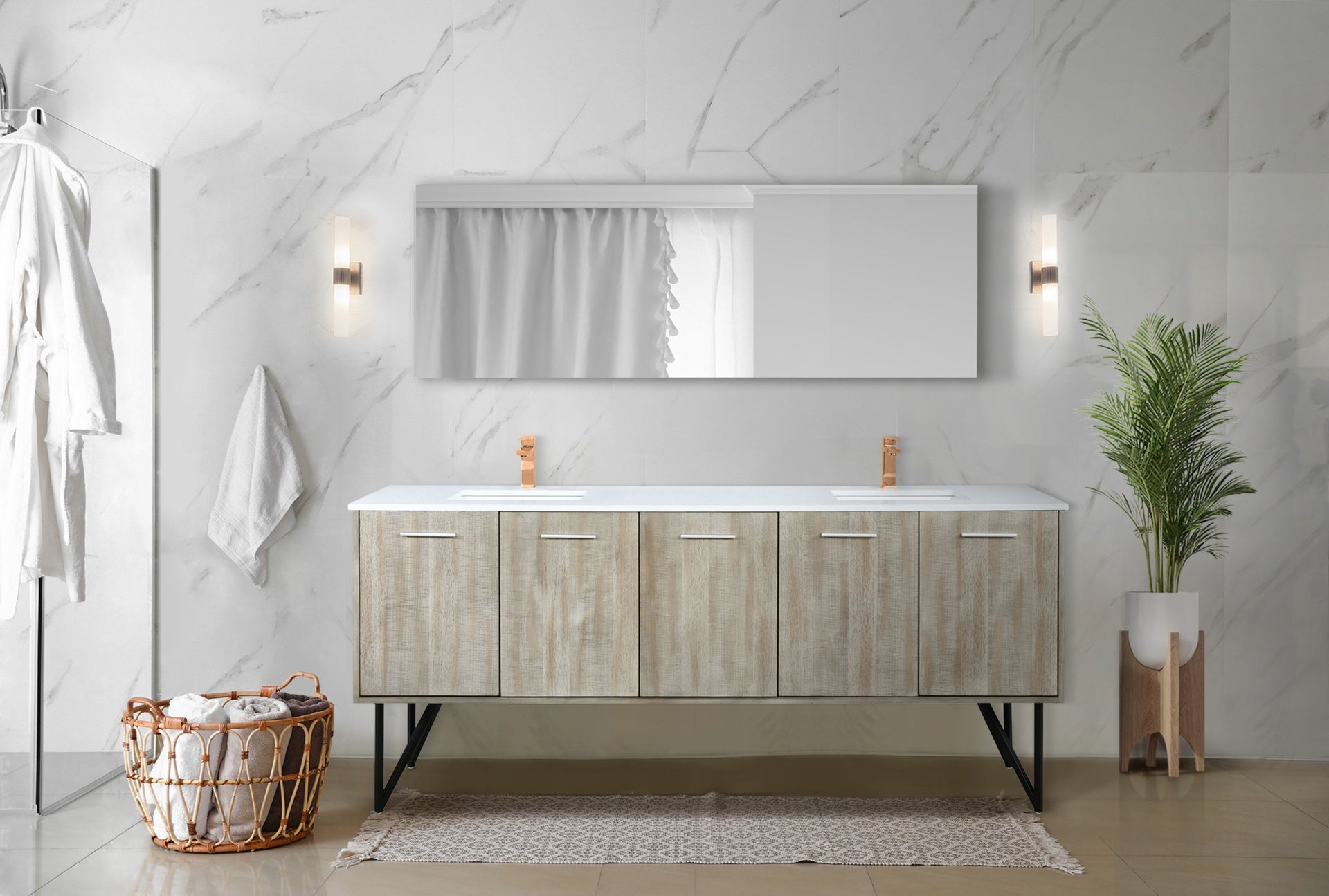 Rustic Acacia Double Bath Vanity 80 in. W x 20 in. D, White Quartz Top and Rose Gold Faucet Set