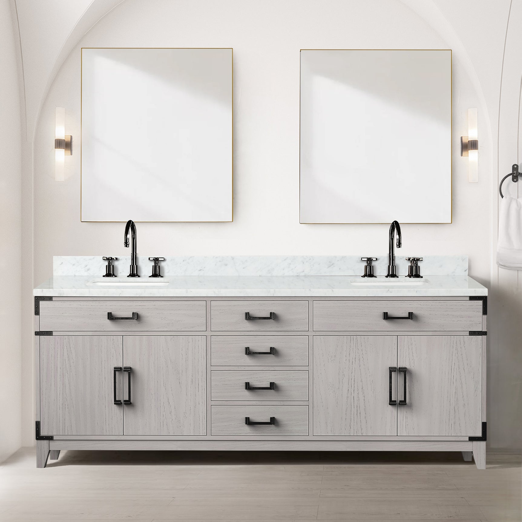 White Oak Double Bath Vanity 84 in. W x 22 in. D, with Carrara Marble Top