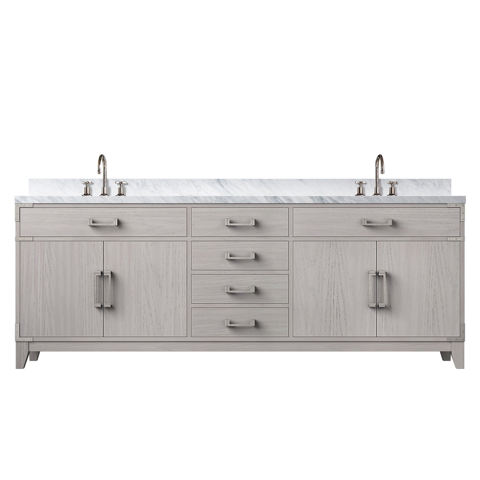 White Oak Double Bath Vanity 84 in. W x 22 in. D, Carrara Marble Top, and Faucet Set