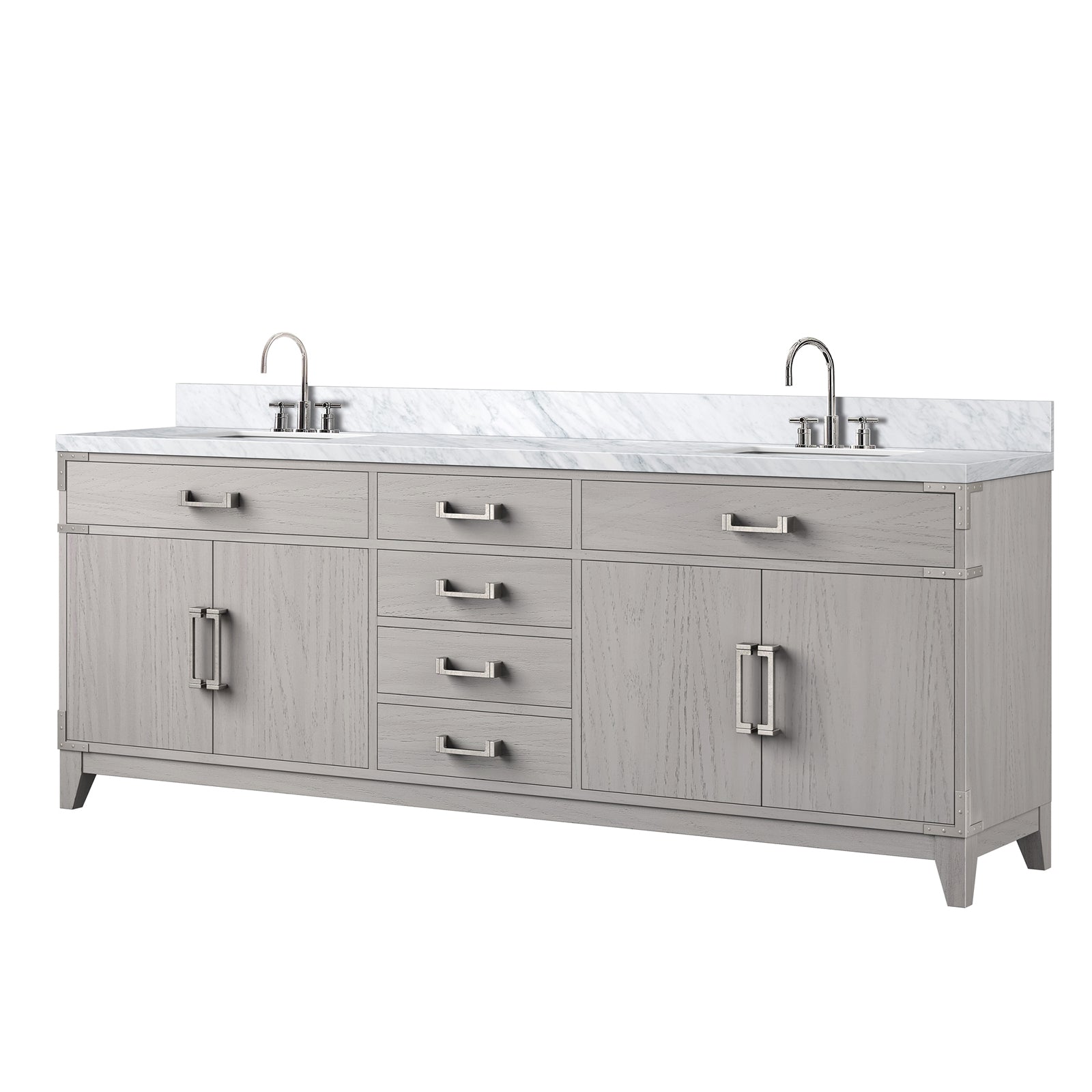 White Oak Double Bath Vanity 84 in. W x 22 in. D, Carrara Marble Top, and Faucet Set