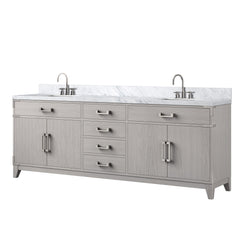 White Oak Double Bath Vanity 84 in. W x 22 in. D, Carrara Marble Top, and Faucet Set