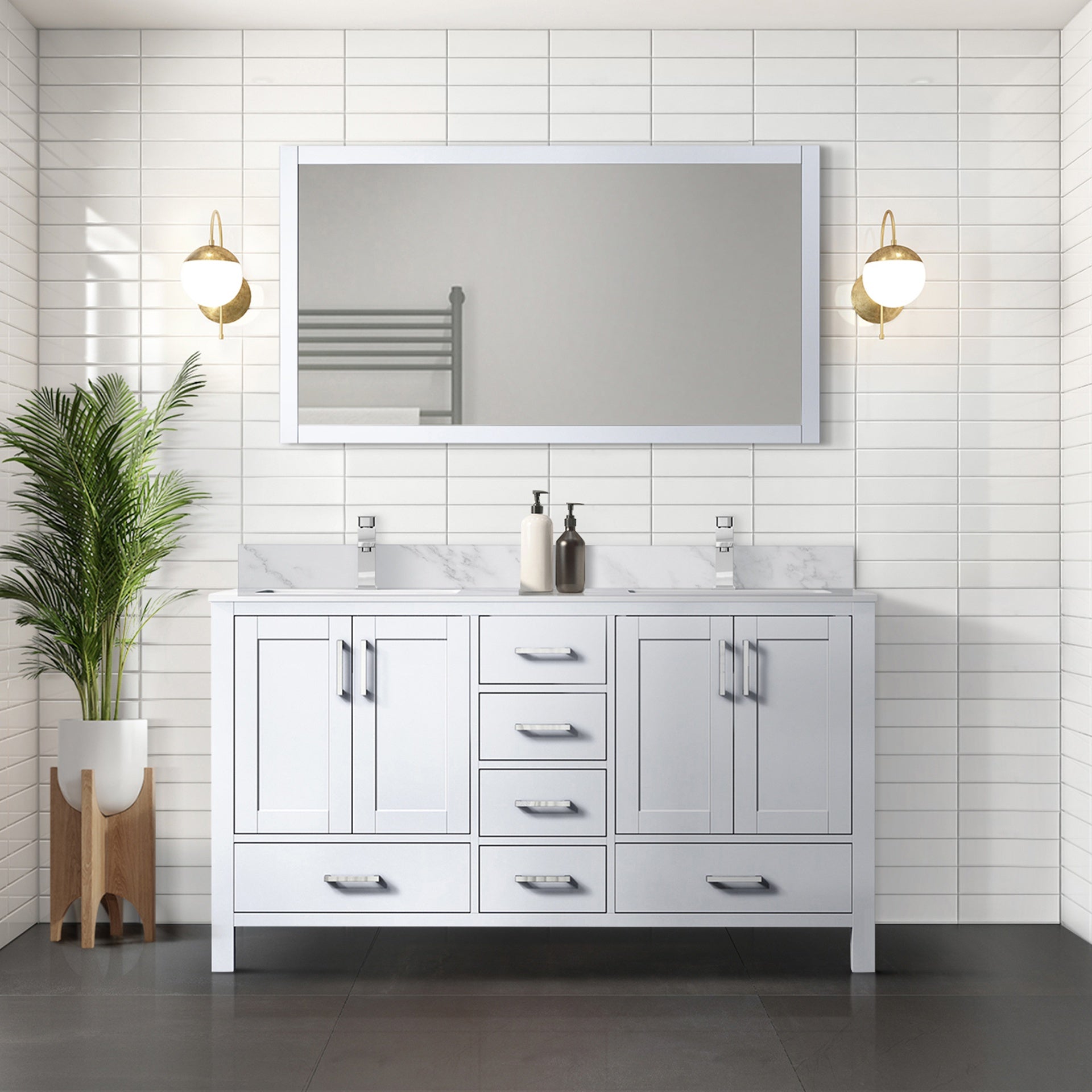 White Double Bath Vanity 60 in. W x 22 in. D, and 58 in. Mirror