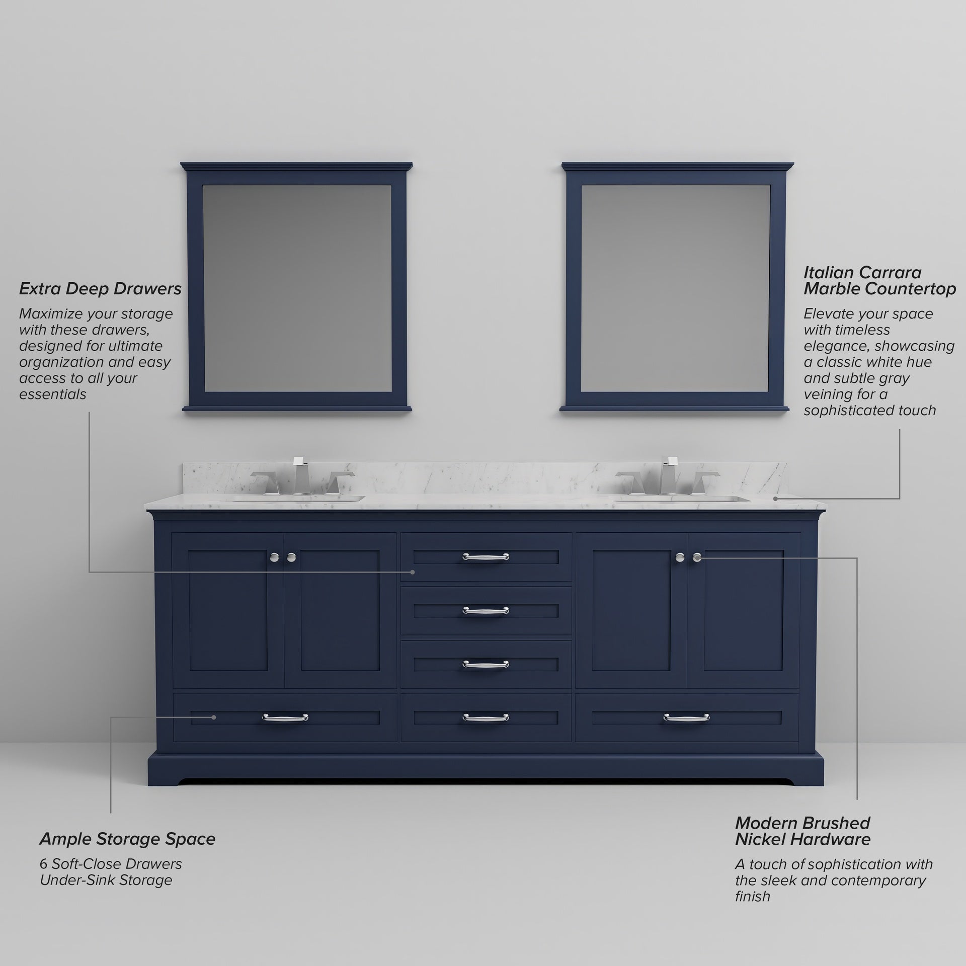 Navy Blue Double Bath Vanity 80 in. W x 22 in. D, and 30 in. Mirrors
