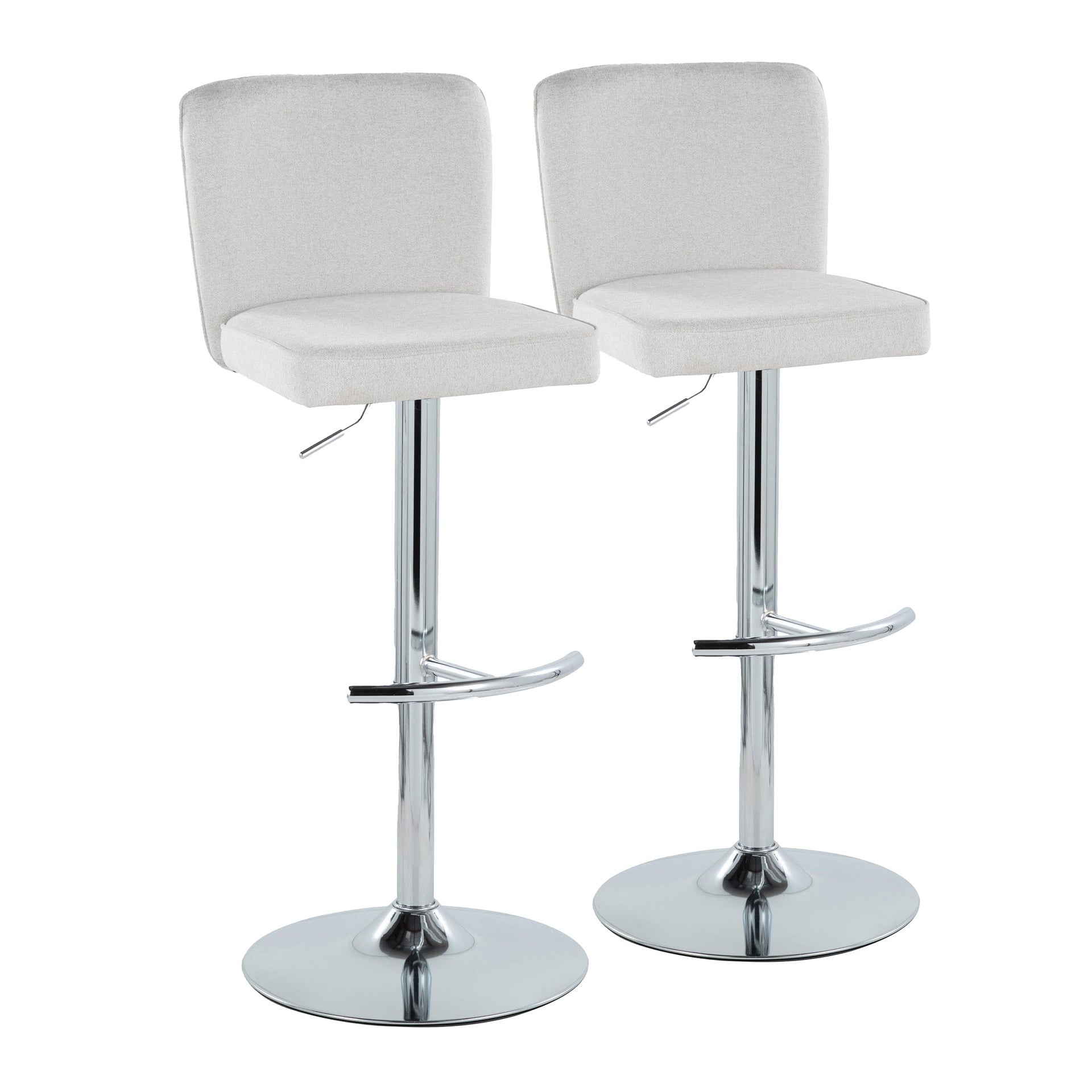 Henry Contemporary Adjustable Barstool with Swivel in Chrome Metal and White Fabric with Rounded T Footrest by LumiSource - Set of 2