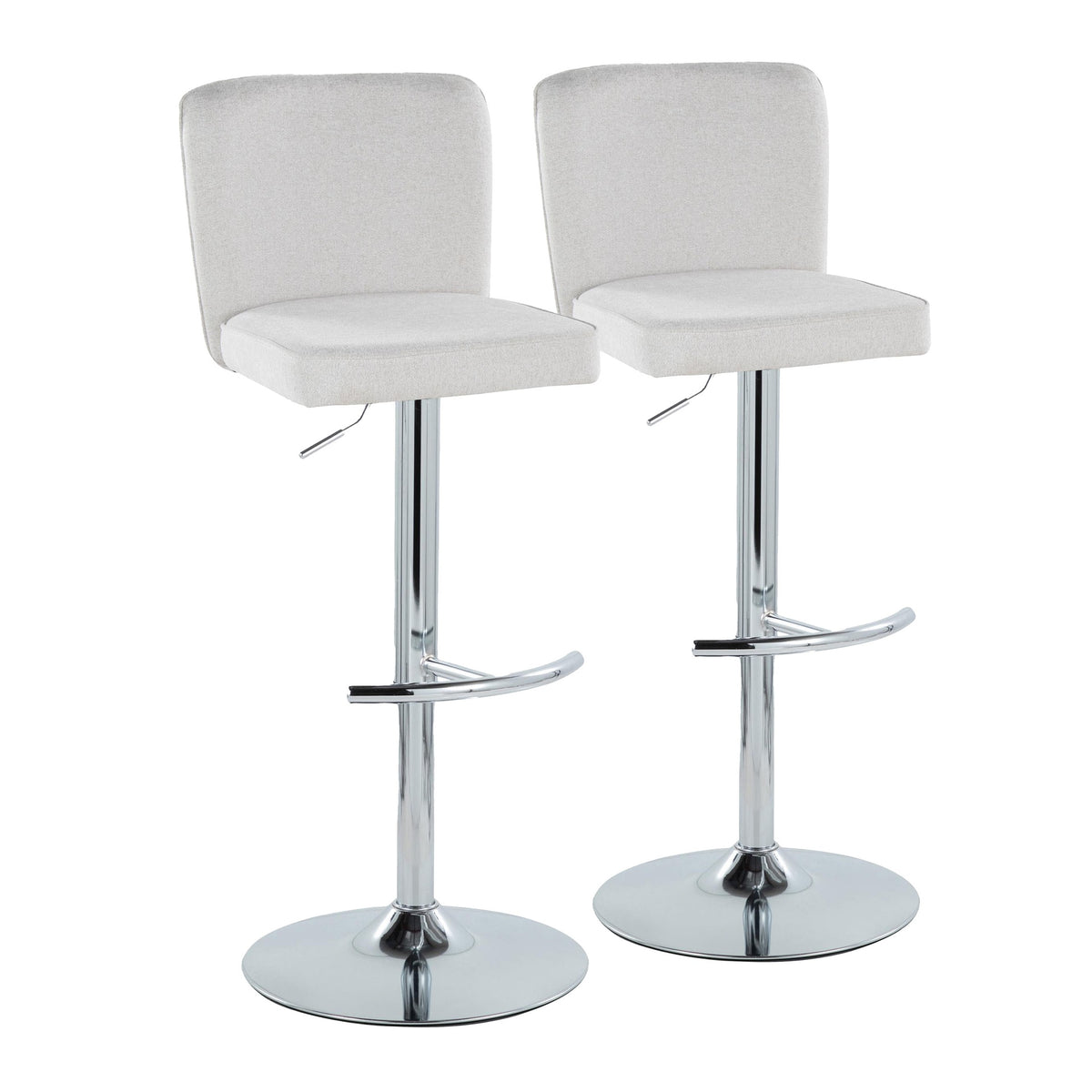 Henry Contemporary Adjustable Barstool with Swivel in Chrome Metal and White Fabric with Rounded T Footrest by LumiSource - Set of 2