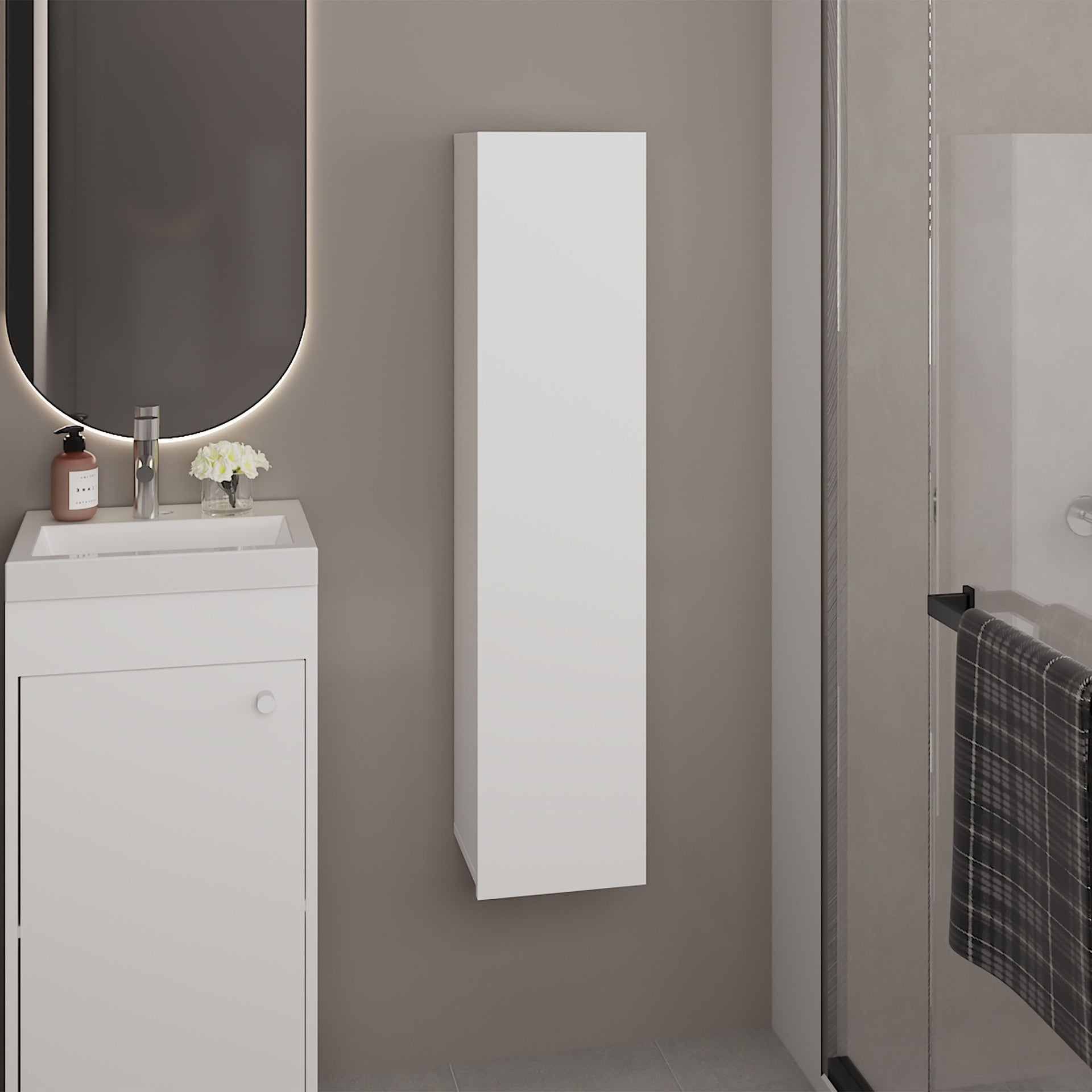 43 Inch One Door Wall-Mounted Bathroom Cabinet with 3 Storage Shelves, Vertical Organizer for Bathroom, Bedroom or Laundry Room