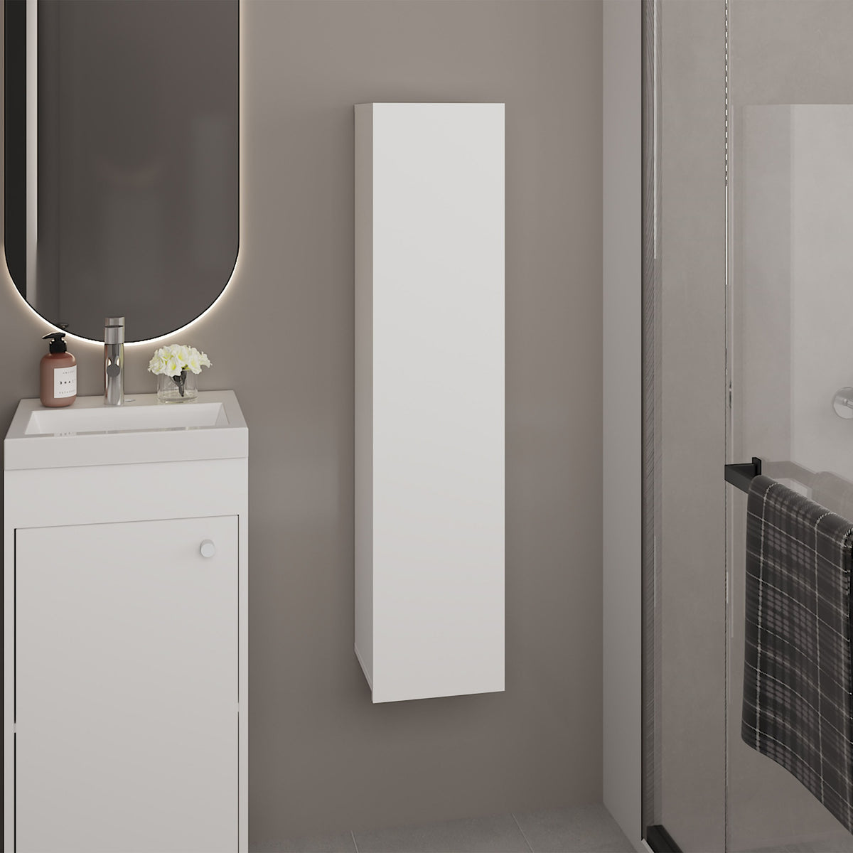 43 Inch One Door Wall-Mounted Bathroom Cabinet with 3 Storage Shelves, Vertical Organizer for Bathroom, Bedroom or Laundry Room
