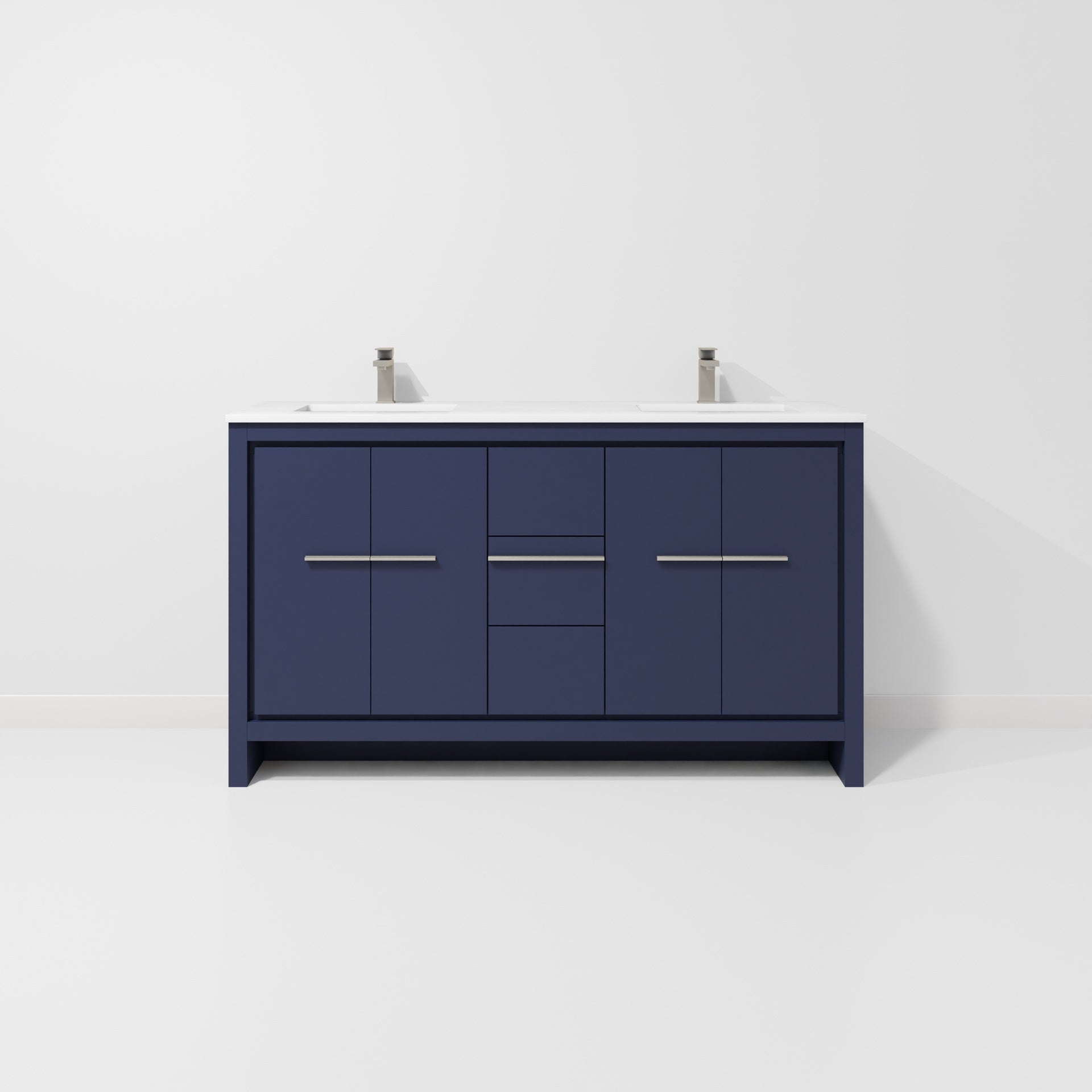 Navy Blue Double Bath Vanity 60 in. W x 20 in. D, White Quartz Top and Gun Metal Faucet Set