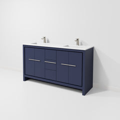 Navy Blue Double Bath Vanity 60 in. W x 20 in. D, White Quartz Top and Gun Metal Faucet Set