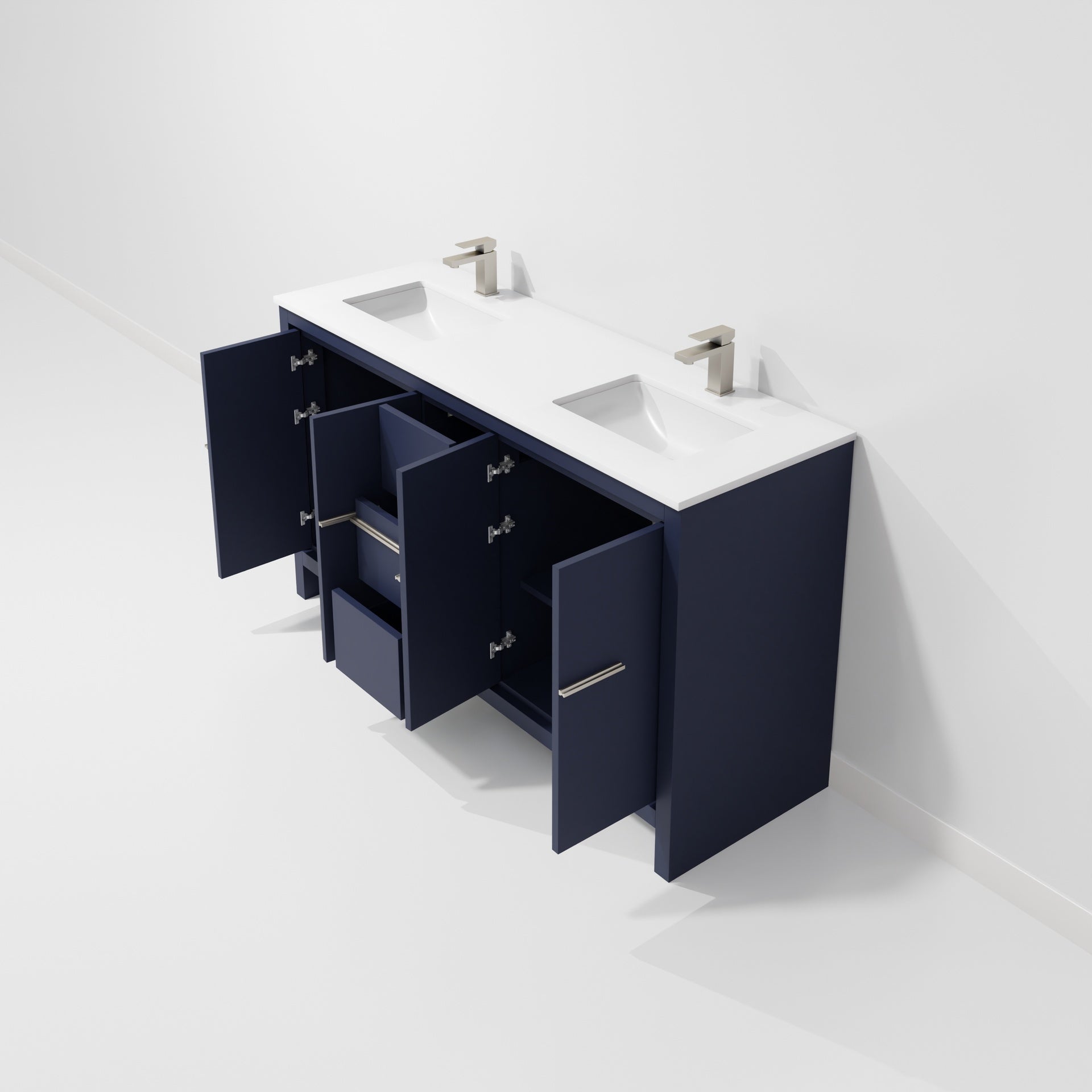 Navy Blue Double Bath Vanity 60 in. W x 20 in. D, White Quartz Top and Gun Metal Faucet Set