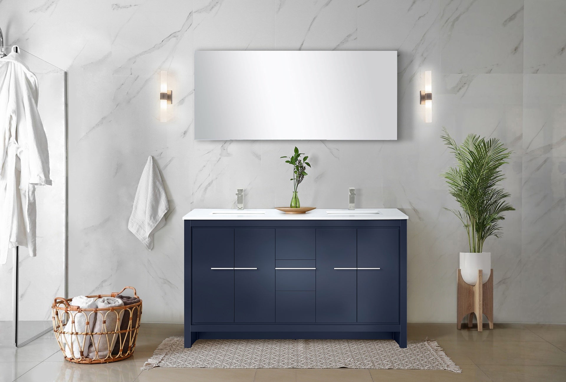 Navy Blue Double Bath Vanity 60 in. W x 20 in. D, Cultured Marble Top and Brushed Nickel Faucet Set