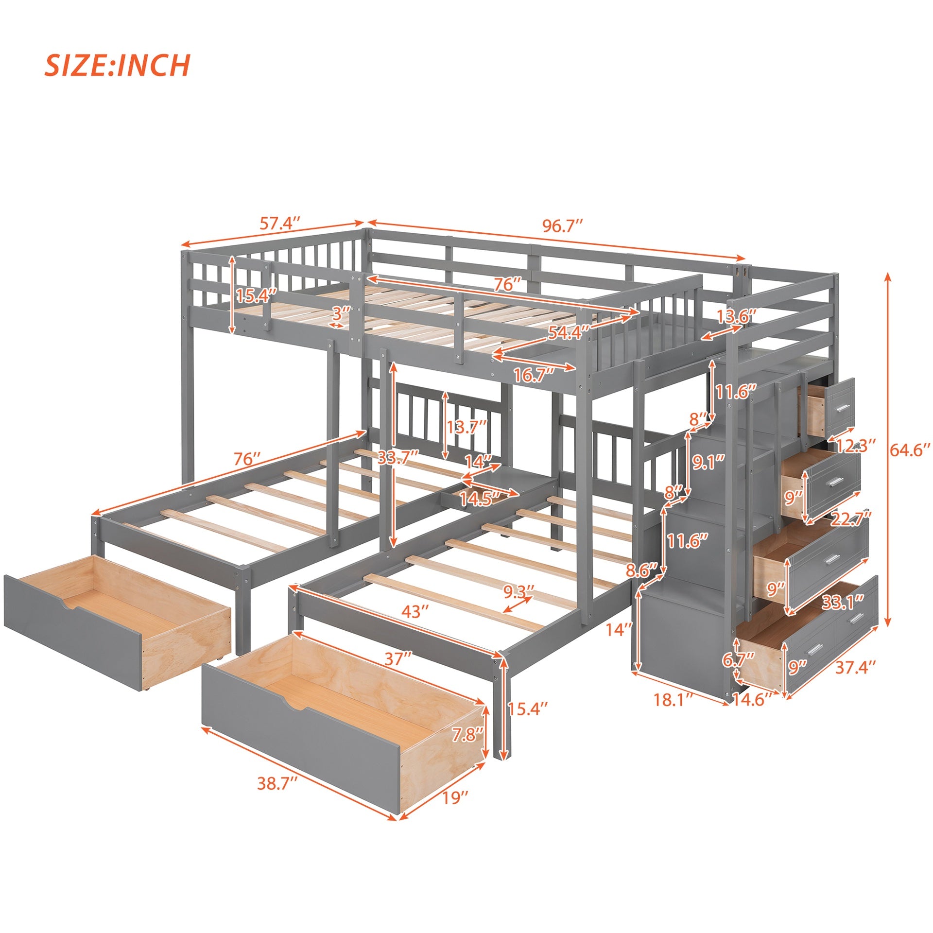 Full Over Twin & Twin Bunk Bed, Wood Triple Bunk Bed with Drawers and Guardrails,Gray ( OLD SKU:LT000443AAE-1)