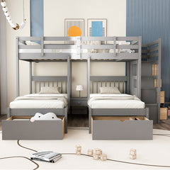 Full Over Twin & Twin Bunk Bed, Wood Triple Bunk Bed with Drawers and Guardrails,Gray ( OLD SKU:LT000443AAE-1)