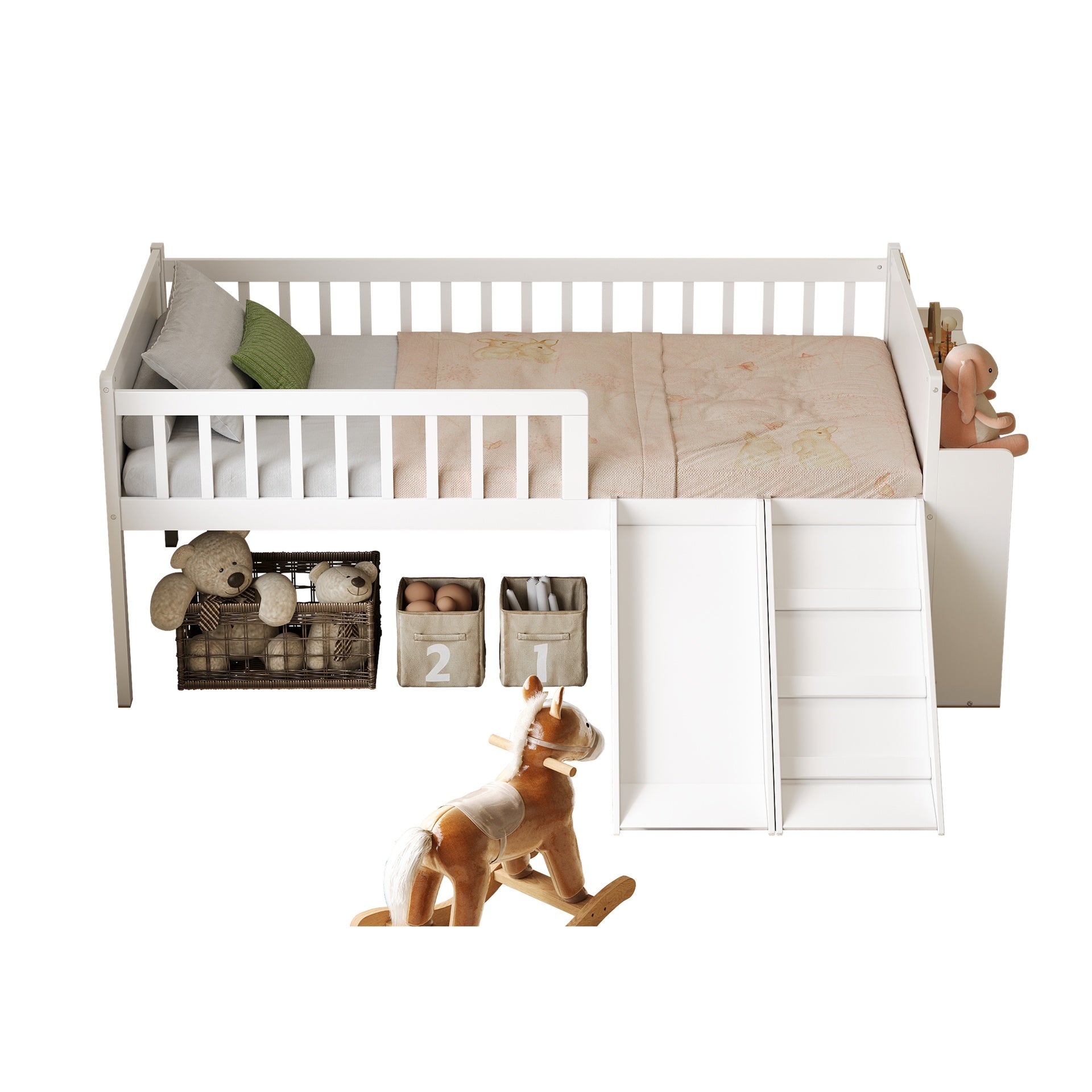 Twin Bed Frame with Storage Shelf, Wooden Bed Frame with Slide and Ladder,Platform Twin Size Bed with Guardrail, No Box Spring Needed, Easy Assembly, White